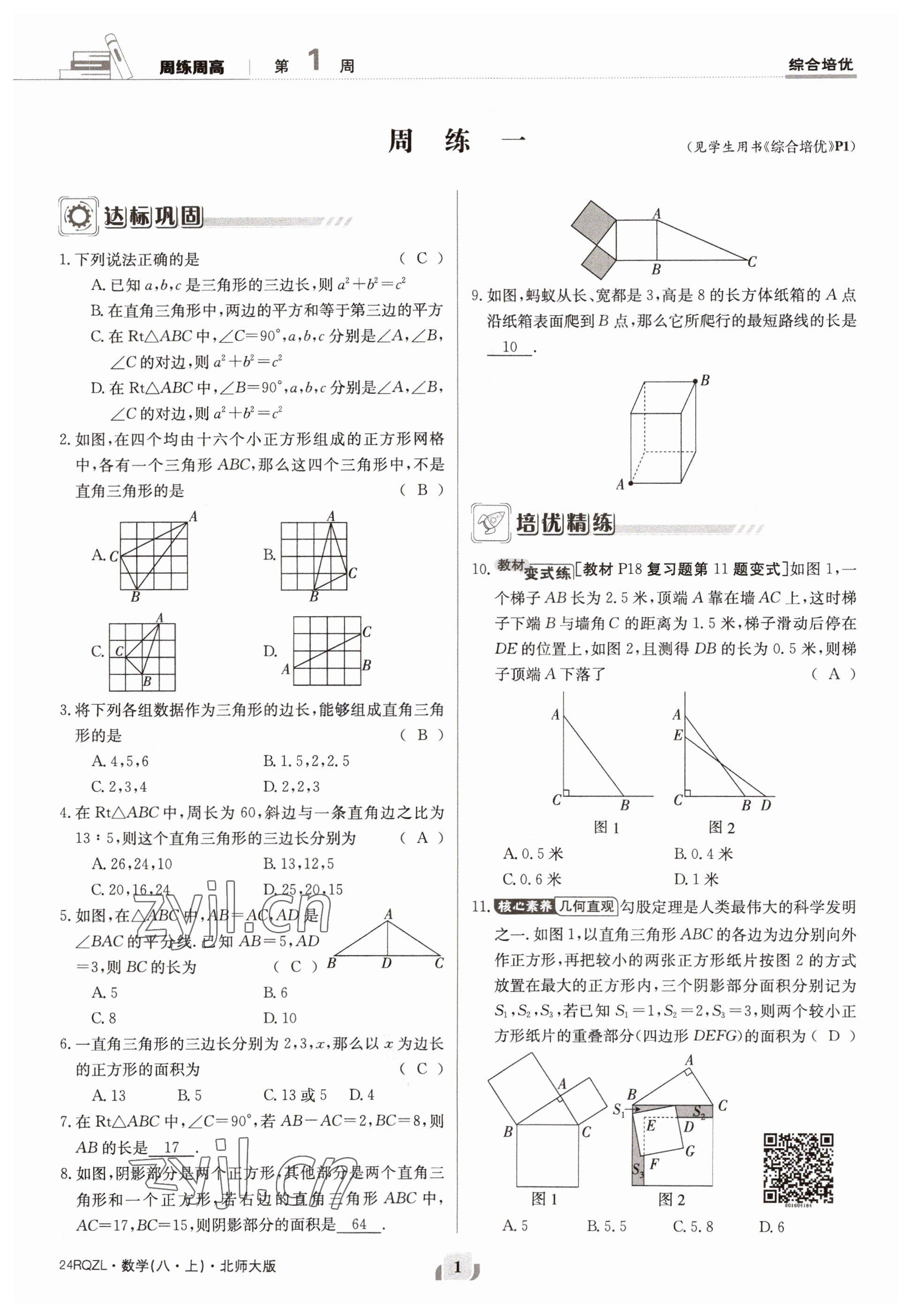 2023年日清周練八年級數(shù)學上冊北師大版 參考答案第1頁