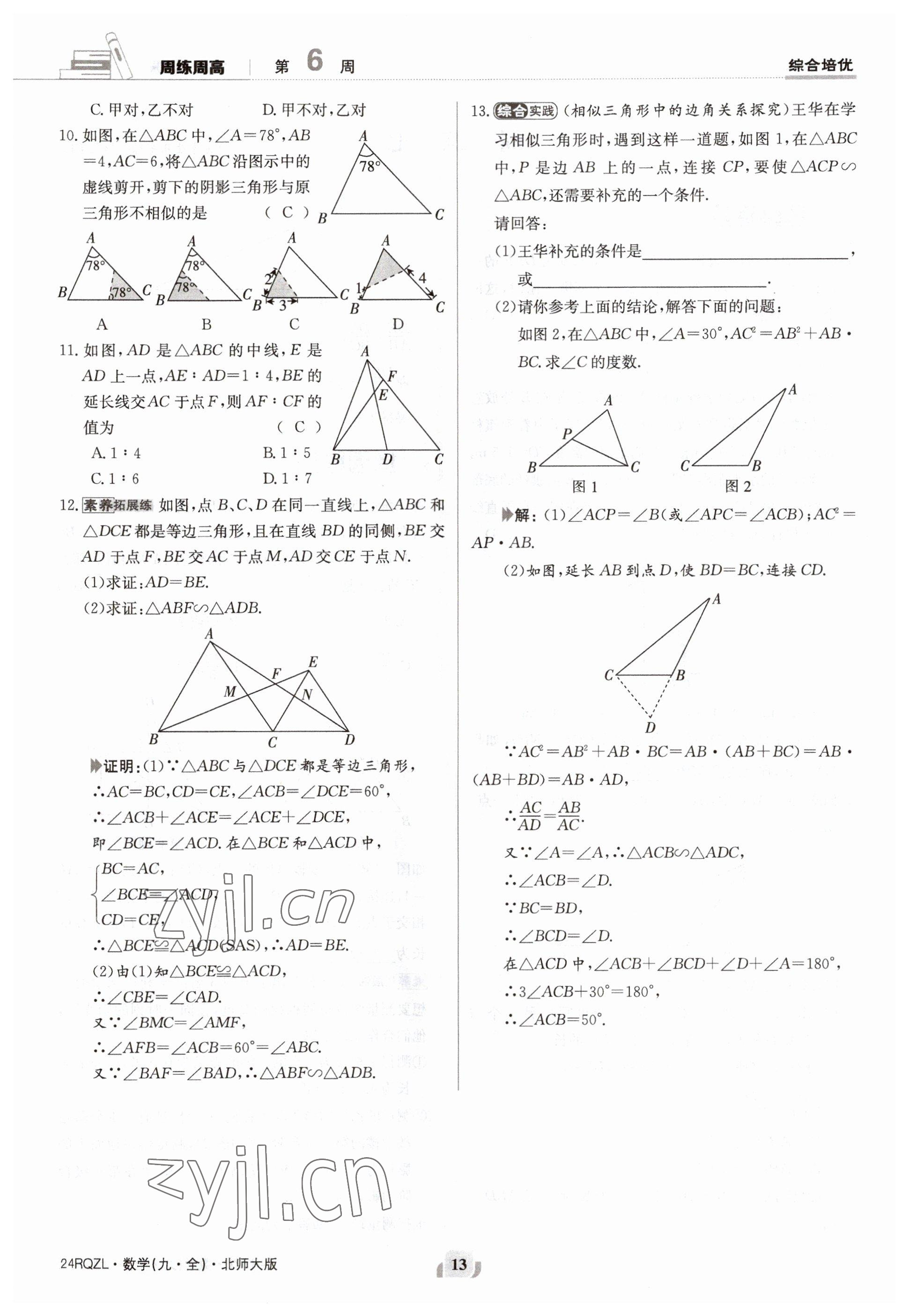 2023年日清周練九年級數(shù)學北師大版 參考答案第13頁