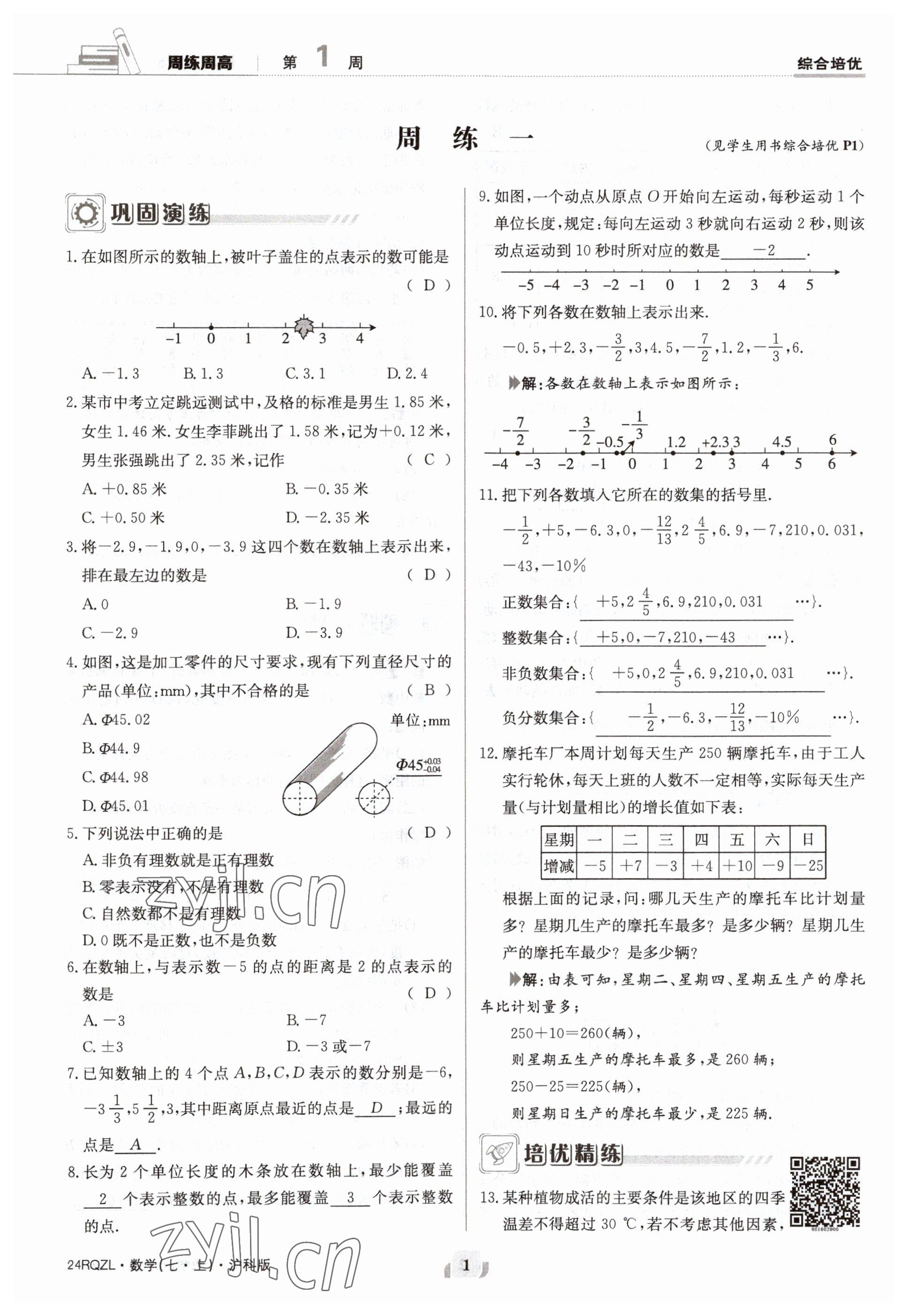 2023年日清周练七年级数学上册沪科版 参考答案第1页