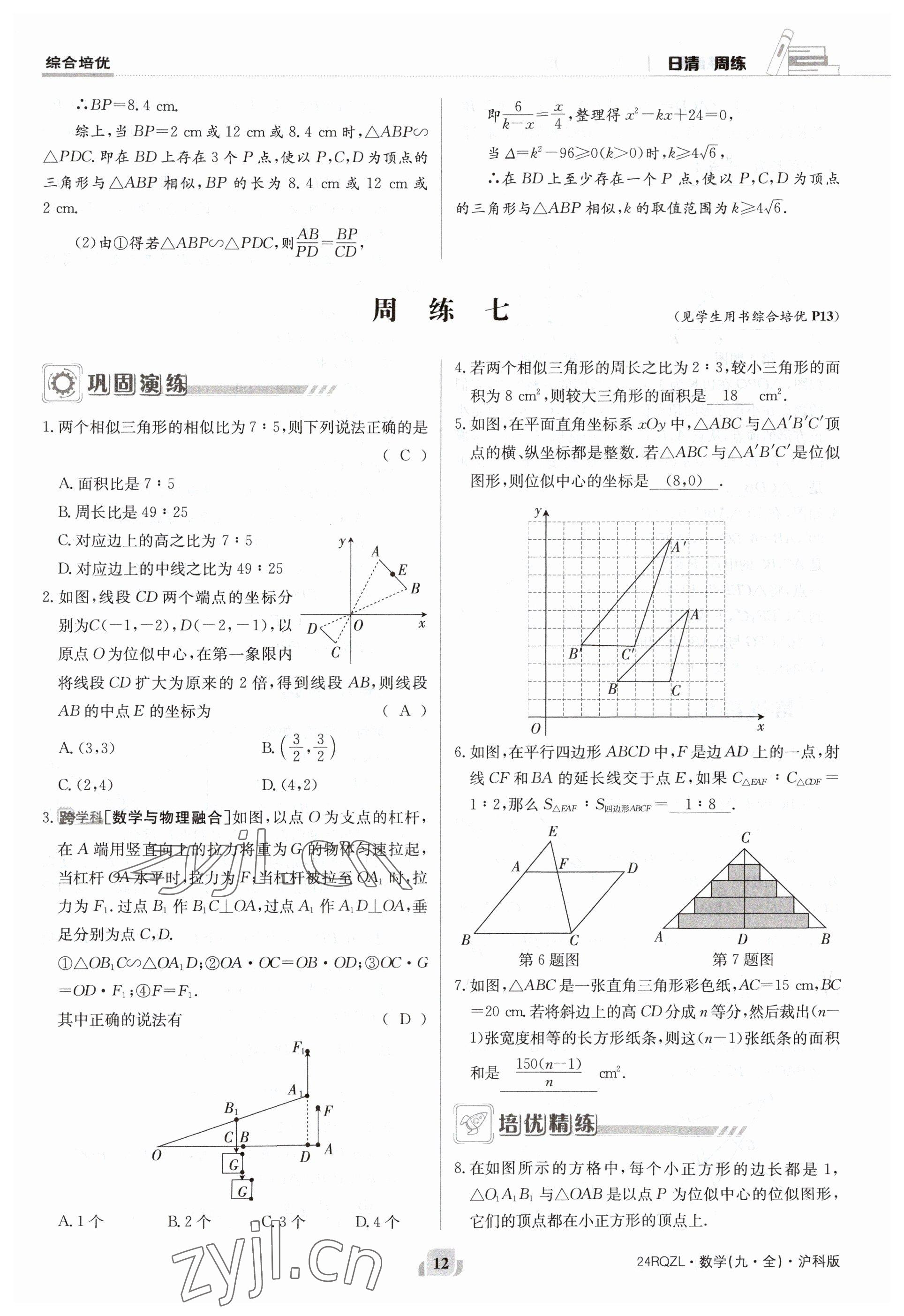 2023年日清周練九年級數(shù)學(xué)全一冊滬科版 參考答案第12頁