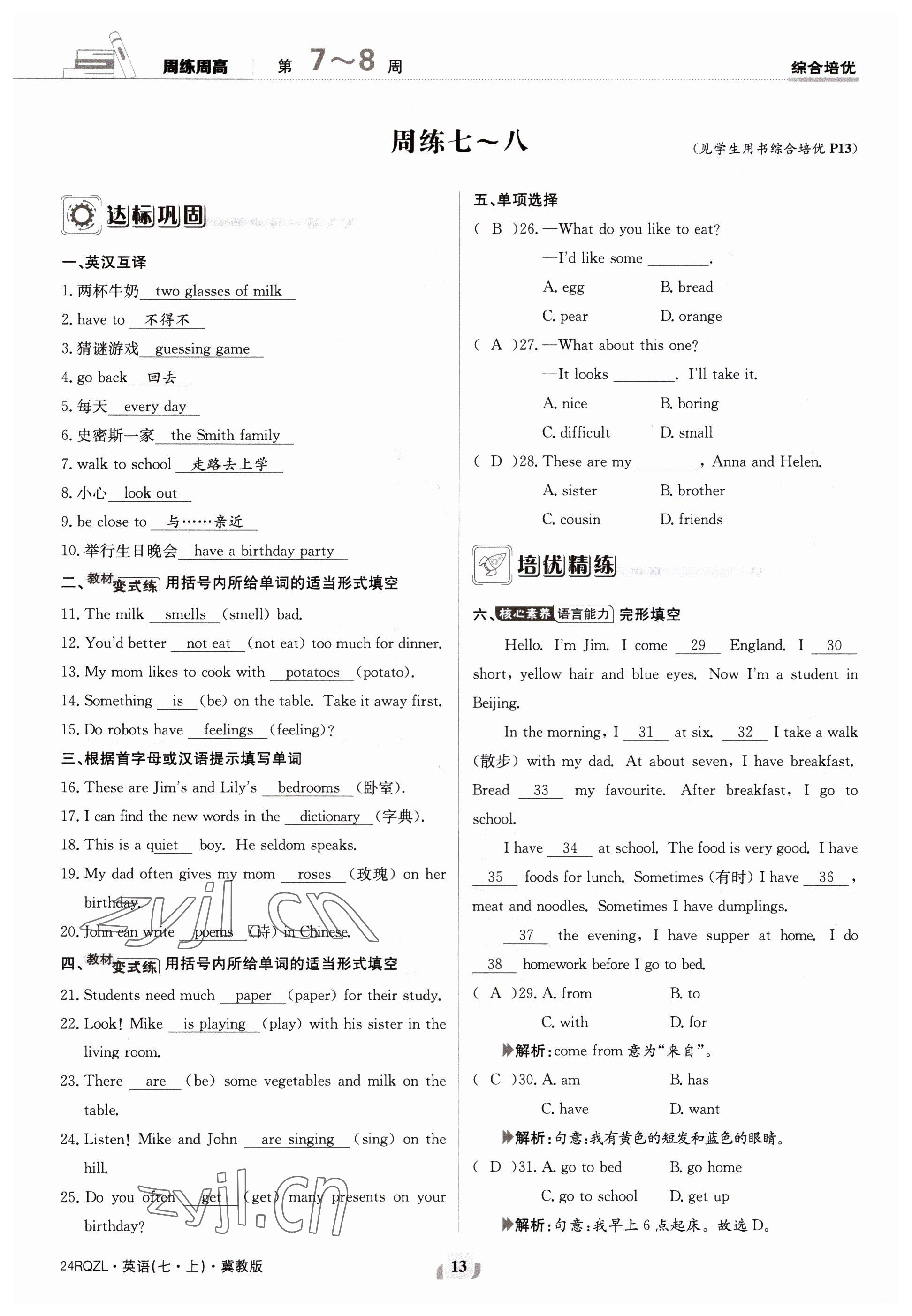 2023年日清周練七年級英語上冊冀教版 參考答案第26頁