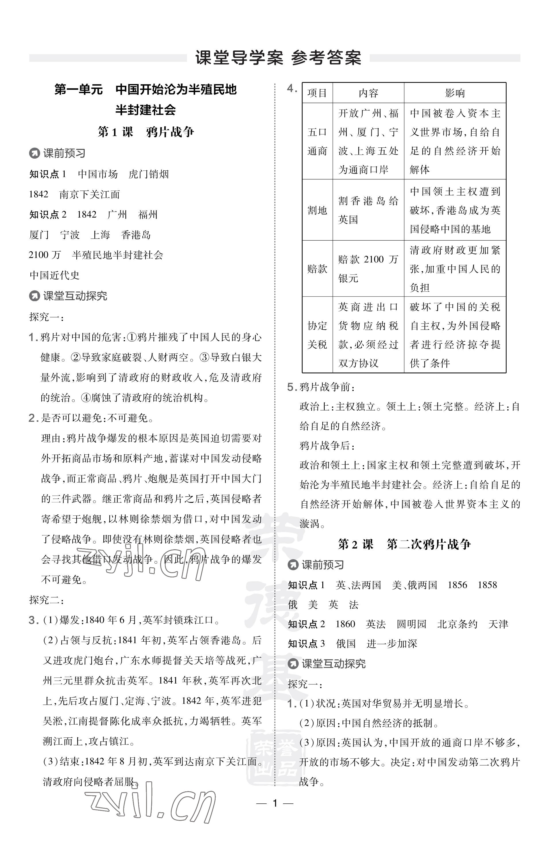 2023年點(diǎn)撥訓(xùn)練八年級(jí)歷史上冊(cè)人教版福建專版 參考答案第1頁(yè)