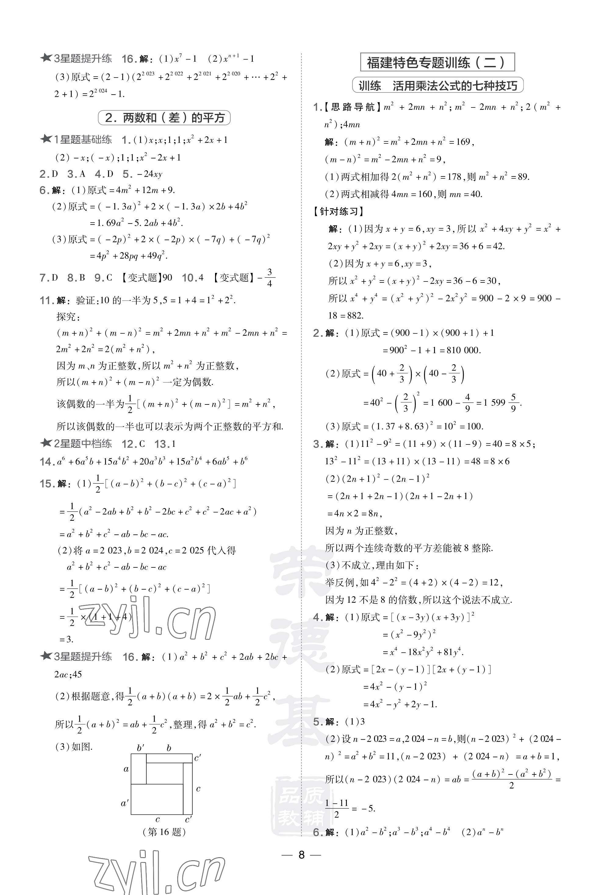 2023年点拨训练八年级数学上册华师大版福建专版 参考答案第8页