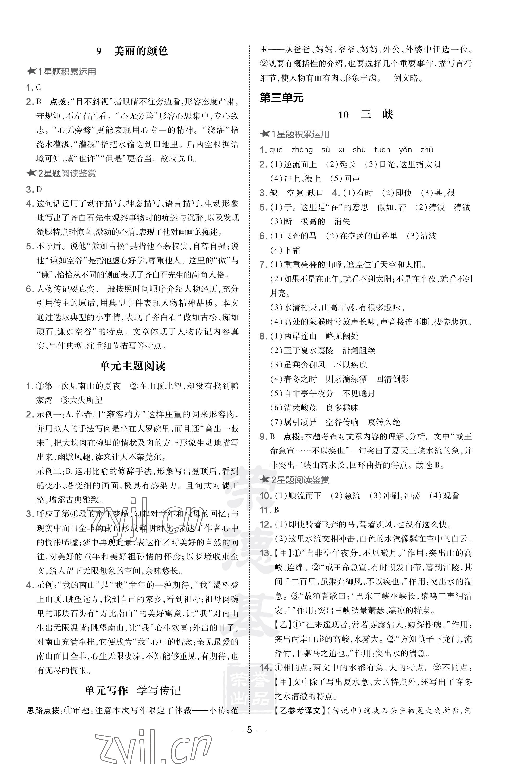 2023年點撥訓練八年級語文上冊人教版福建專版 參考答案第5頁