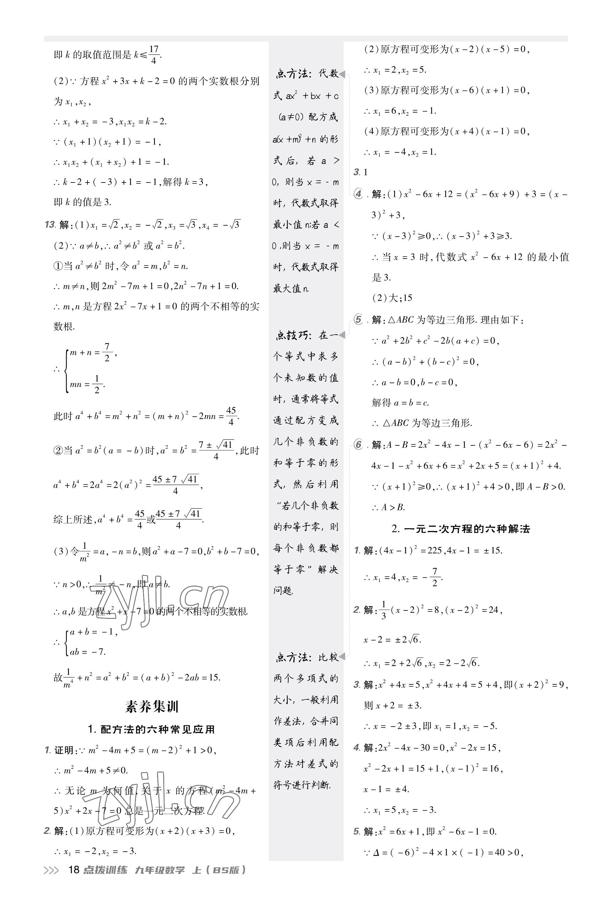 2023年點撥訓練九年級數(shù)學上冊北師大版福建專版 參考答案第17頁