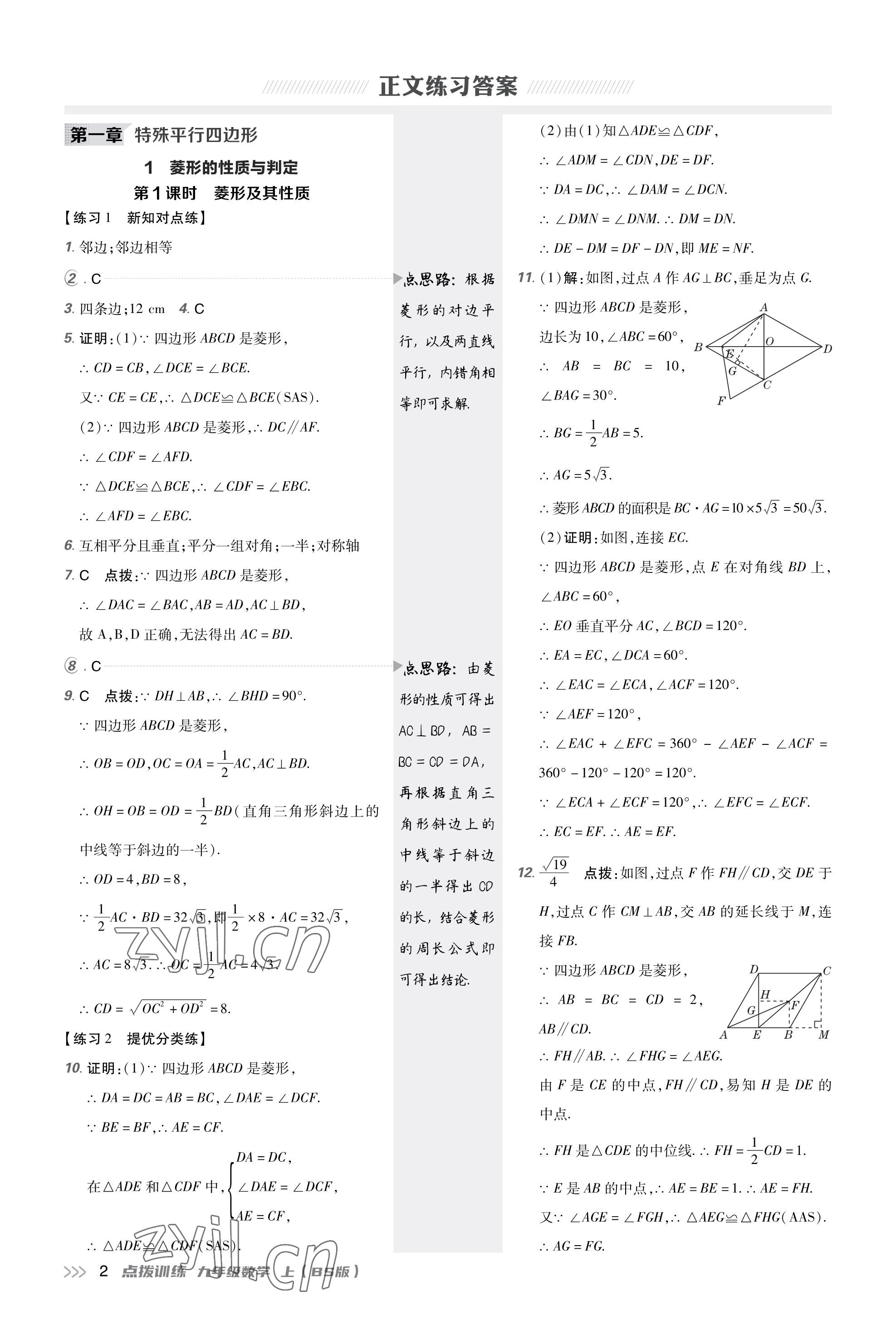 2023年點撥訓練九年級數(shù)學上冊北師大版福建專版 參考答案第1頁