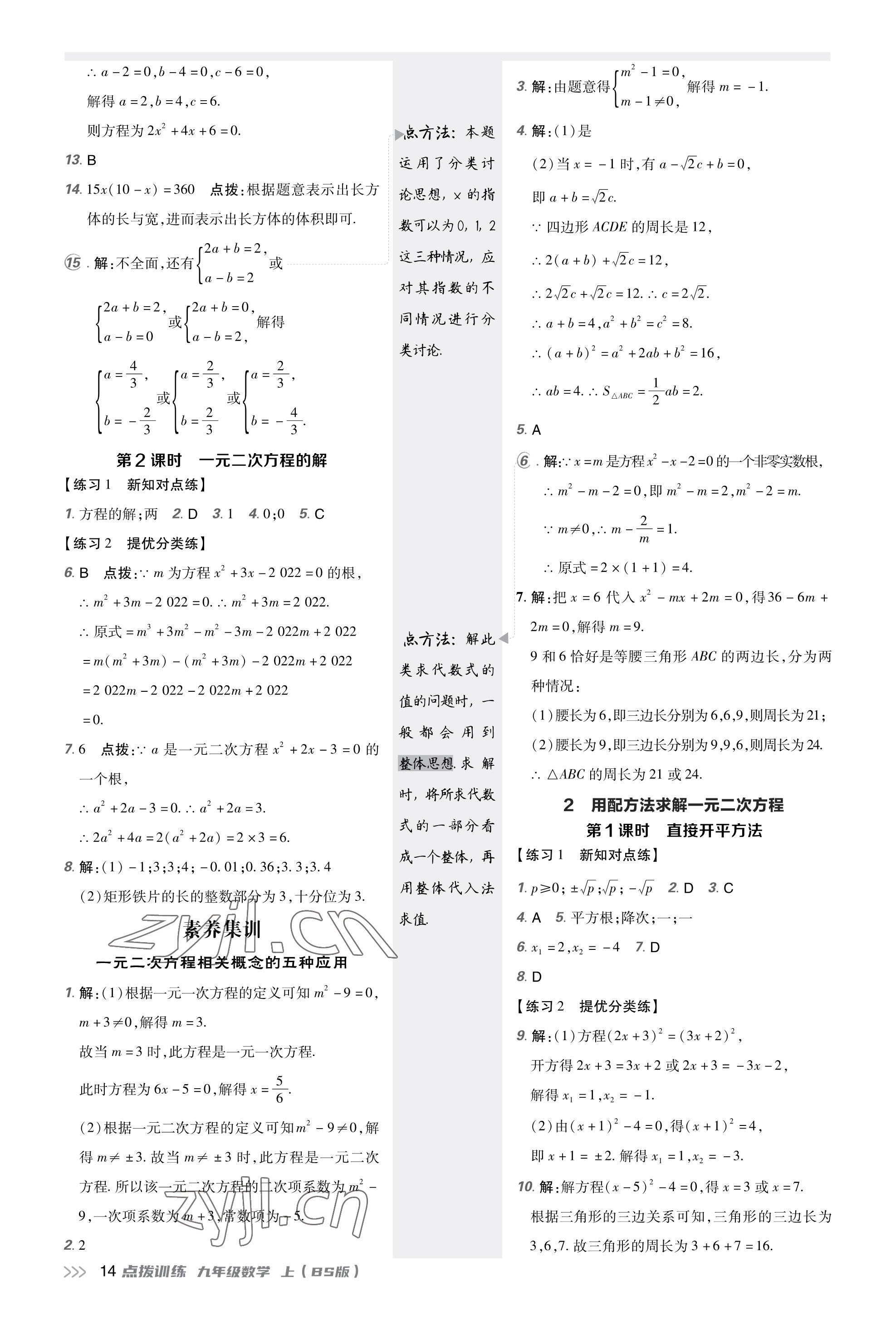 2023年點撥訓(xùn)練九年級數(shù)學(xué)上冊北師大版福建專版 參考答案第13頁