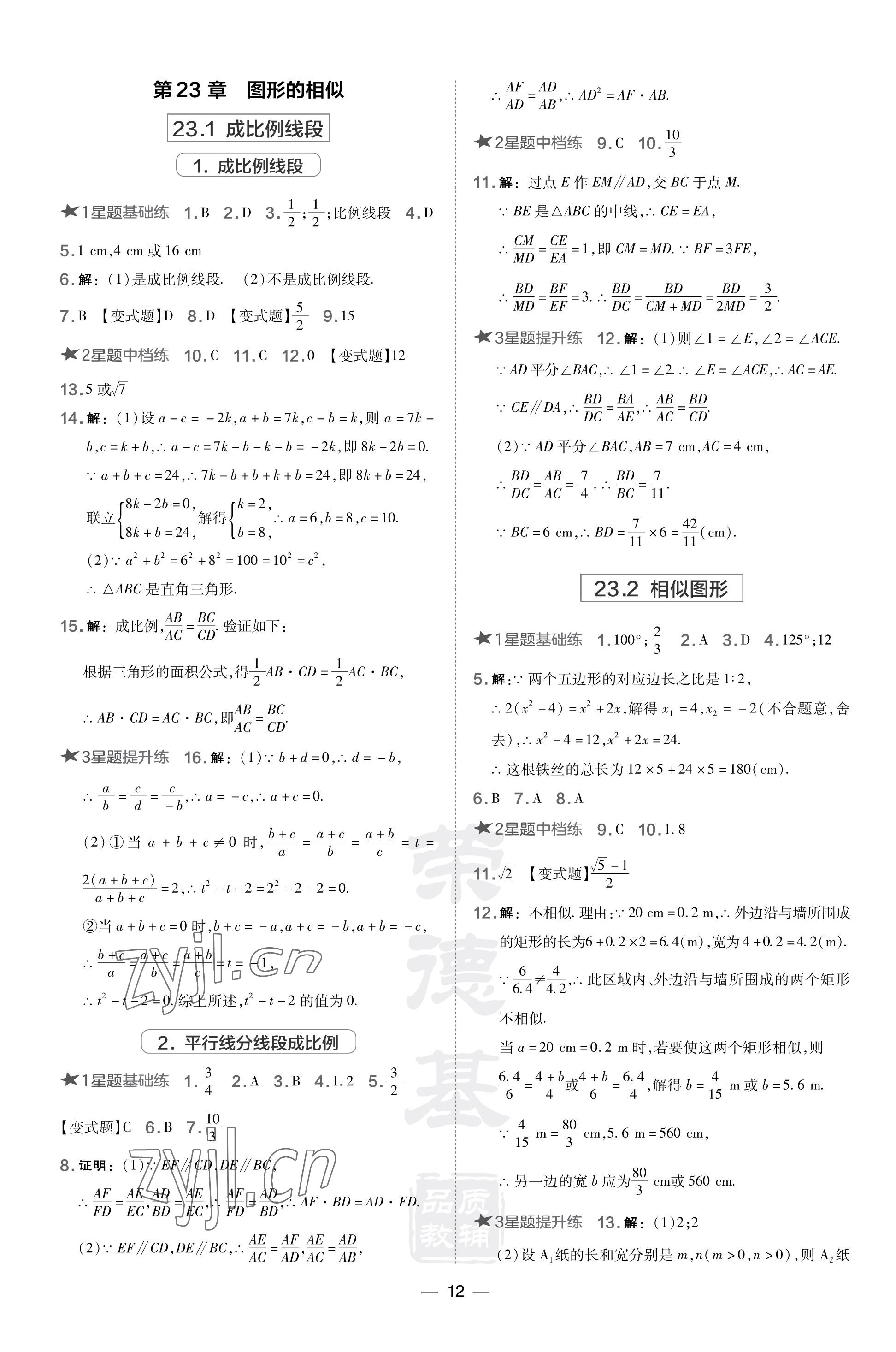 2023年點(diǎn)撥訓(xùn)練九年級(jí)數(shù)學(xué)上冊(cè)華師大版福建專版 參考答案第12頁(yè)