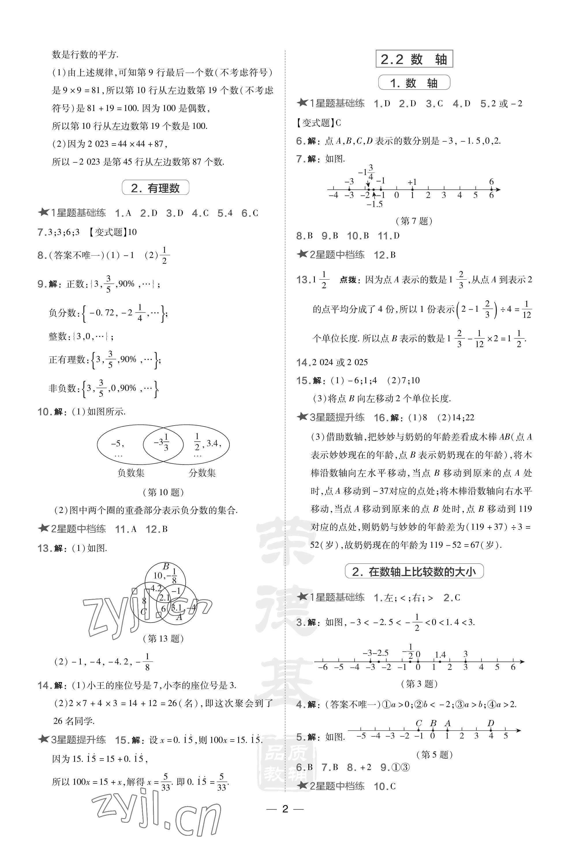 2023年點撥訓(xùn)練七年級數(shù)學(xué)上冊華師大版福建專版 參考答案第2頁