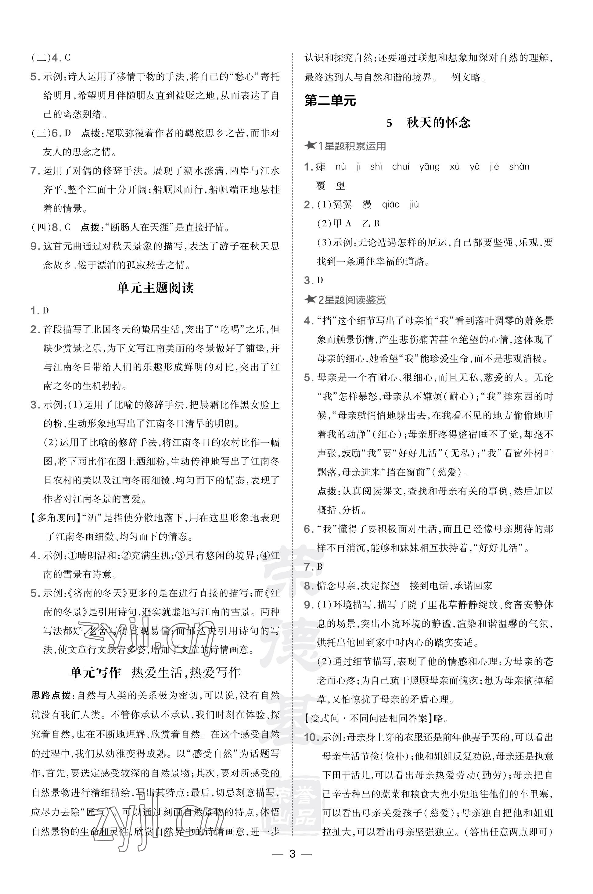 2023年点拨训练七年级语文上册人教版福建专版 参考答案第3页