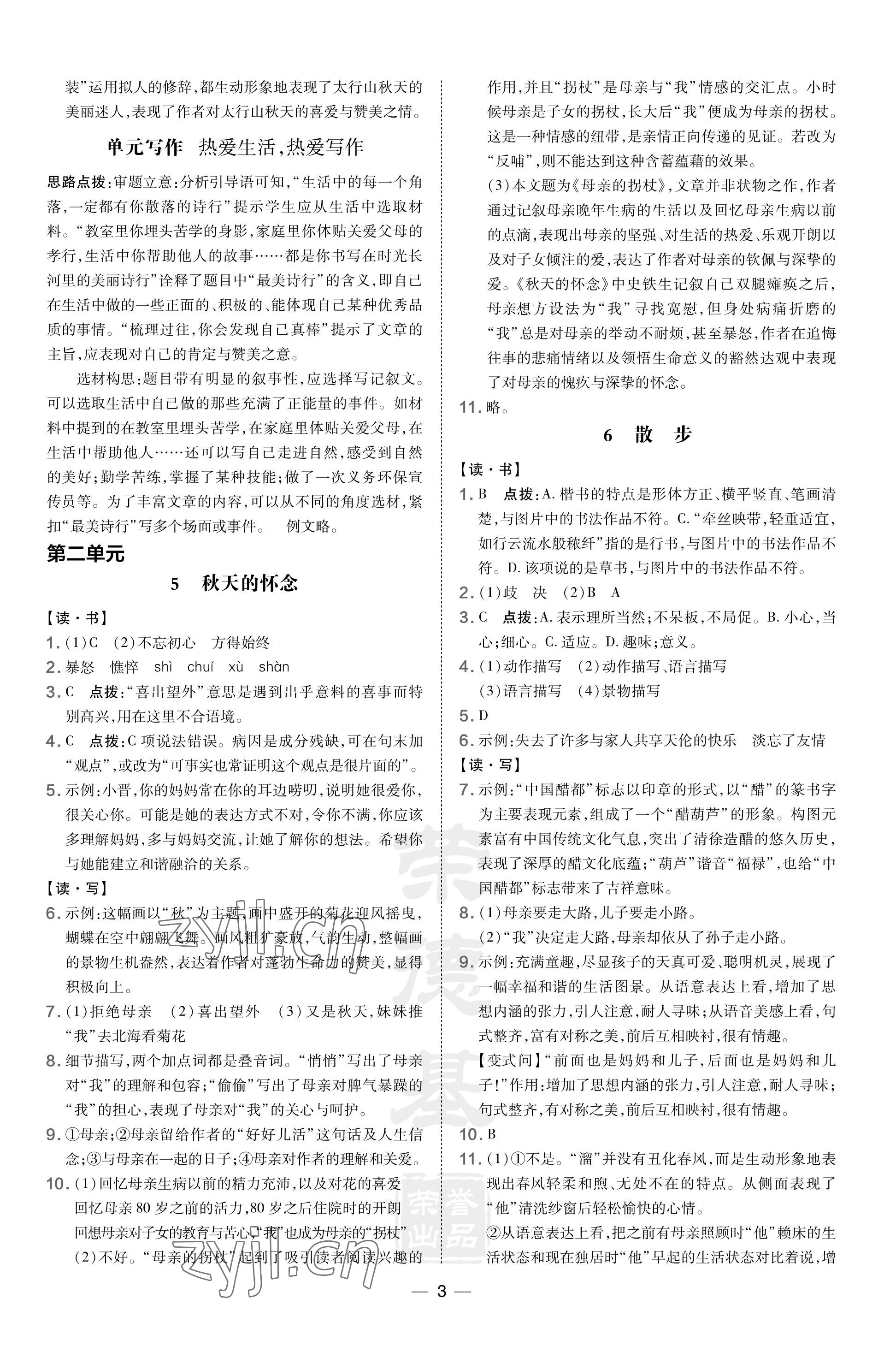 2023年點撥訓練七年級語文上冊人教版山西專版 參考答案第3頁