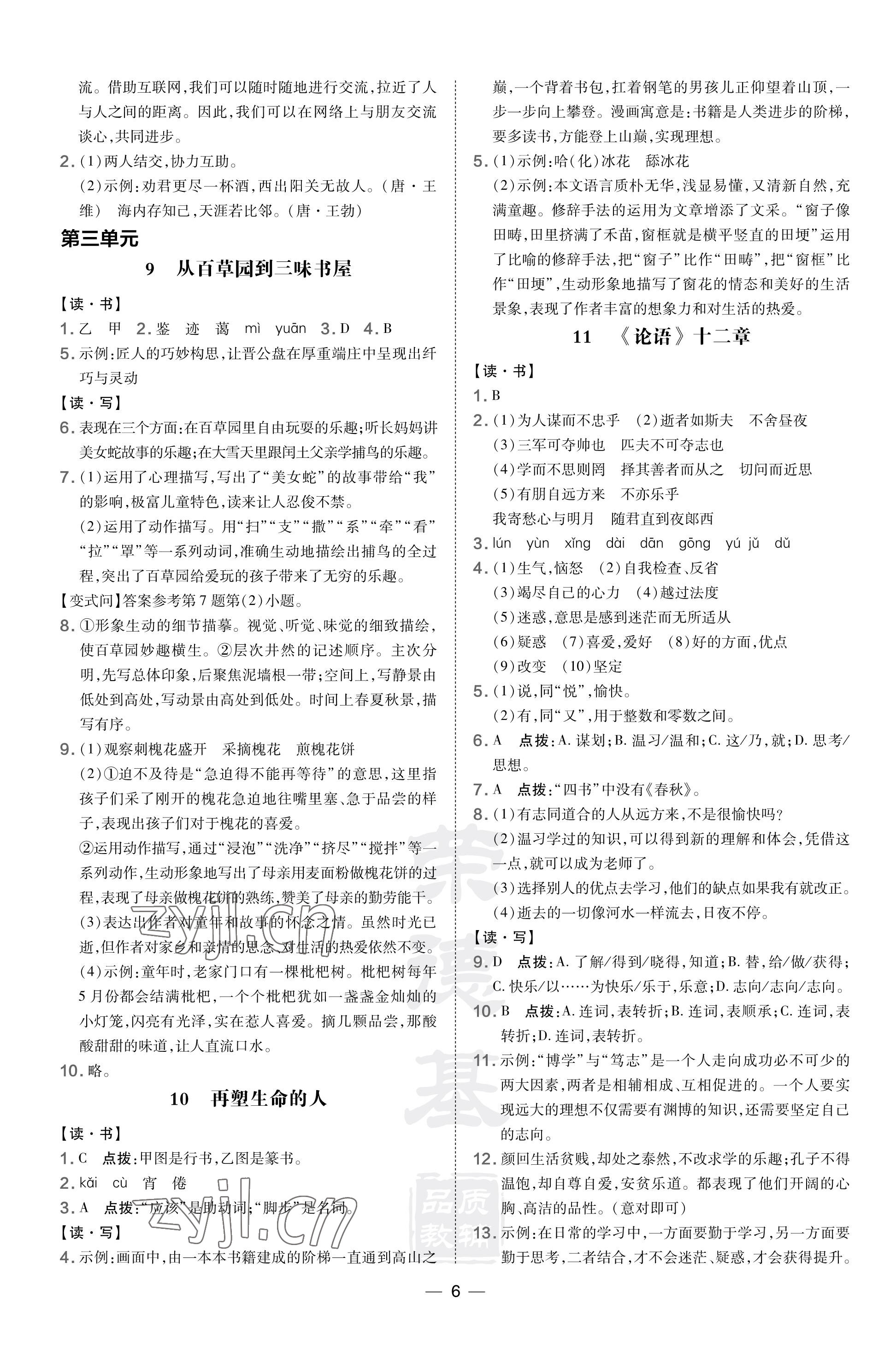 2023年點撥訓(xùn)練七年級語文上冊人教版山西專版 參考答案第6頁