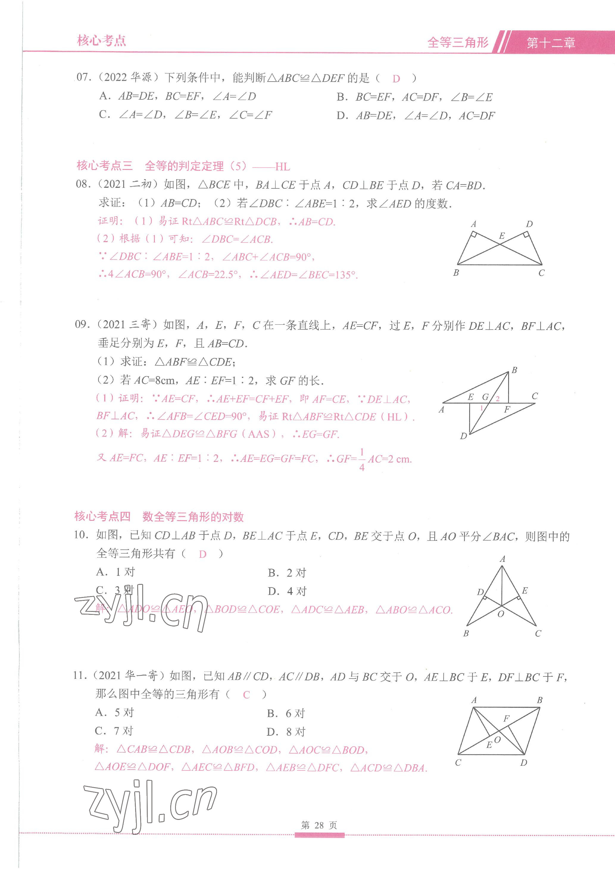 2023年名校學典核心考點延邊大學出版社八年級數學上冊人教版 參考答案第28頁