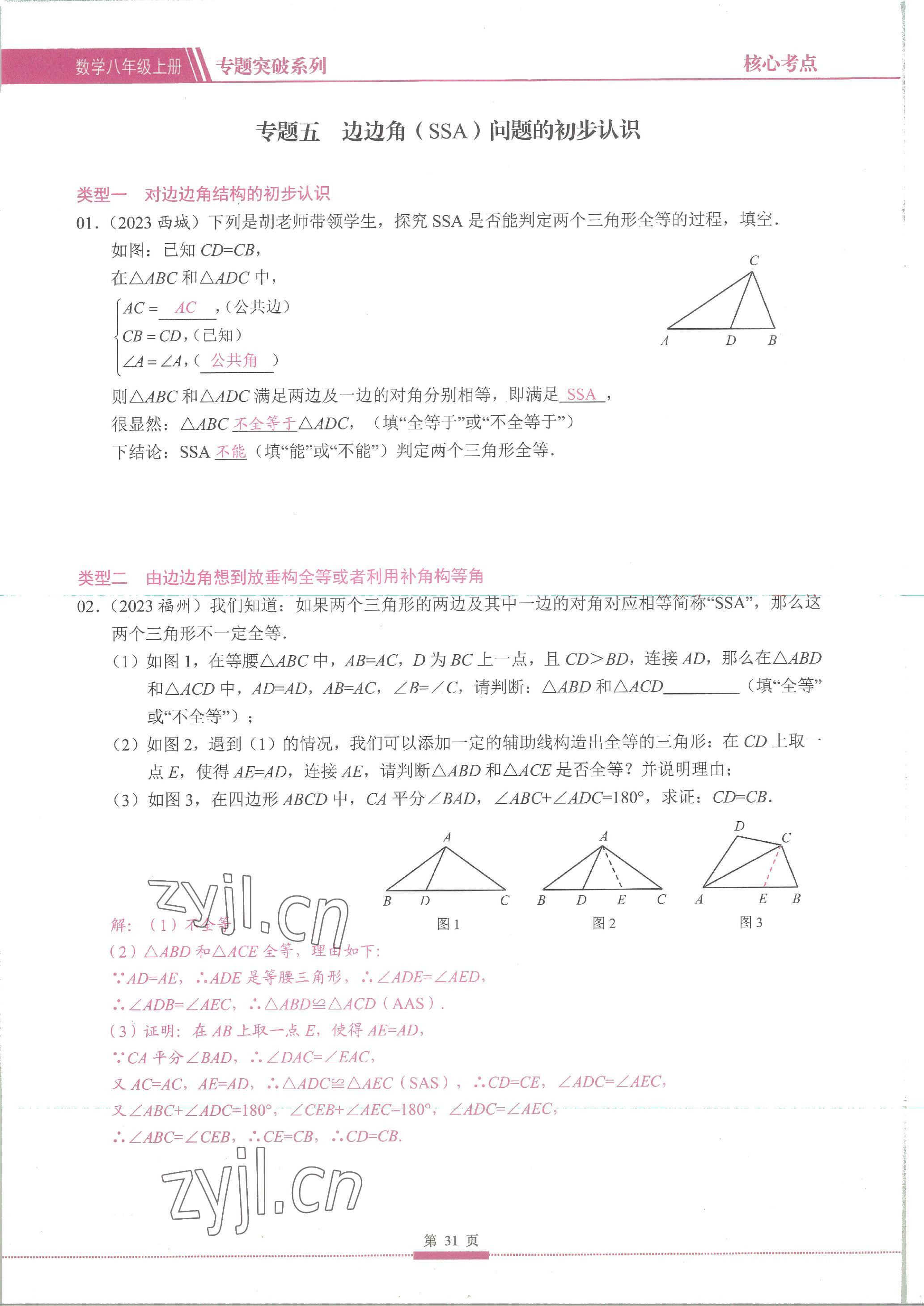 2023年名校學典核心考點延邊大學出版社八年級數學上冊人教版 參考答案第31頁