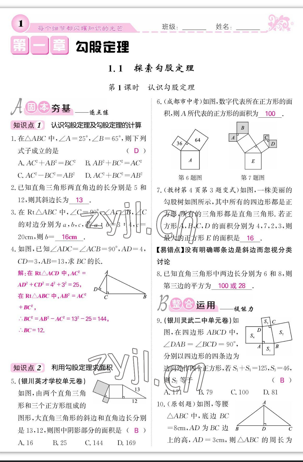 2023年課堂點睛八年級數(shù)學上冊北師大版寧夏專版 第1頁