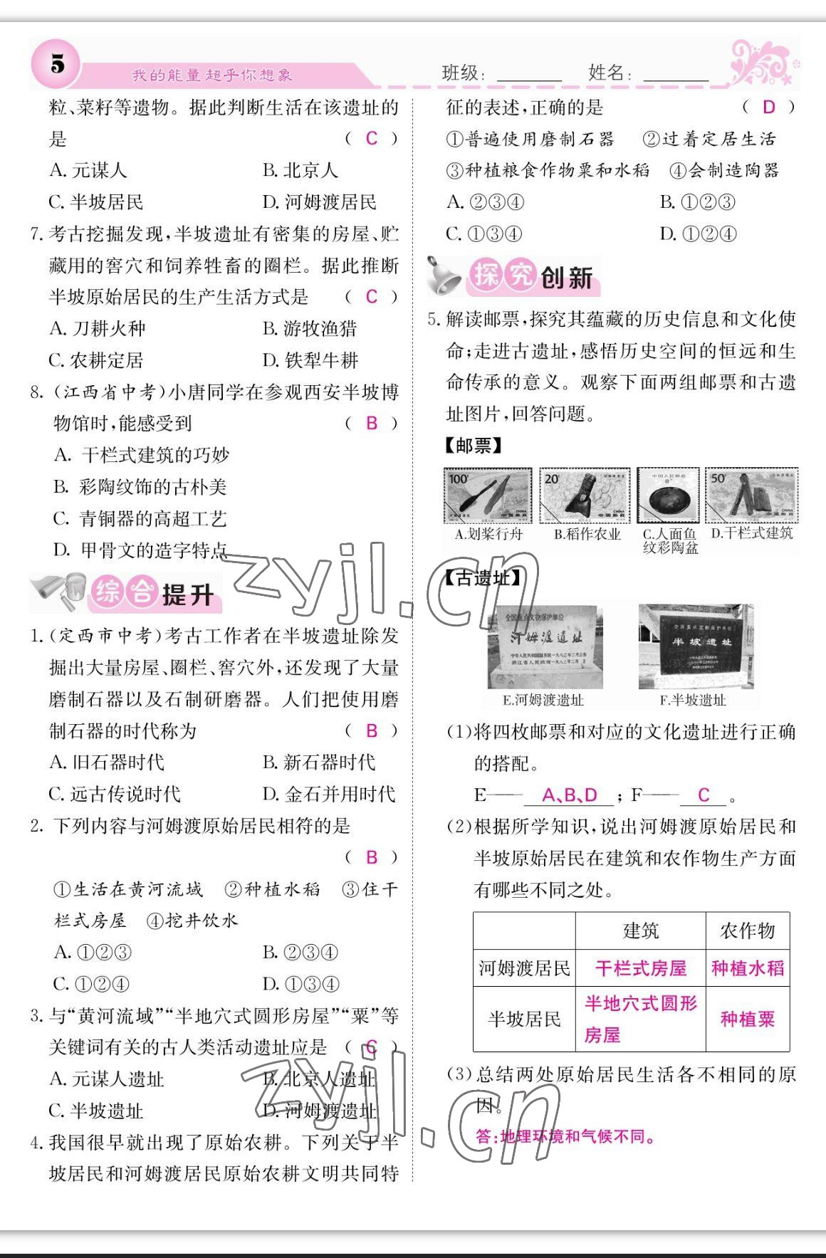 2023年課堂點睛七年級歷史上冊人教版 參考答案第5頁