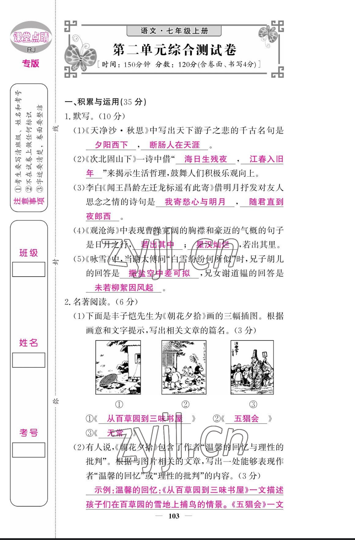 2023年課堂點睛七年級語文上冊人教版寧夏專版 參考答案第11頁