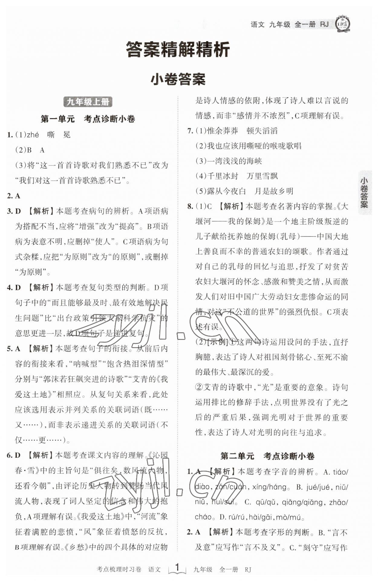 2023年王朝霞考点梳理时习卷九年级语文全一册人教版 第1页