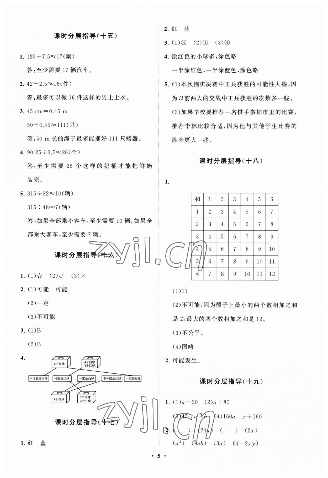 2023年同步练习册分层指导五年级数学上册人教版 参考答案第5页