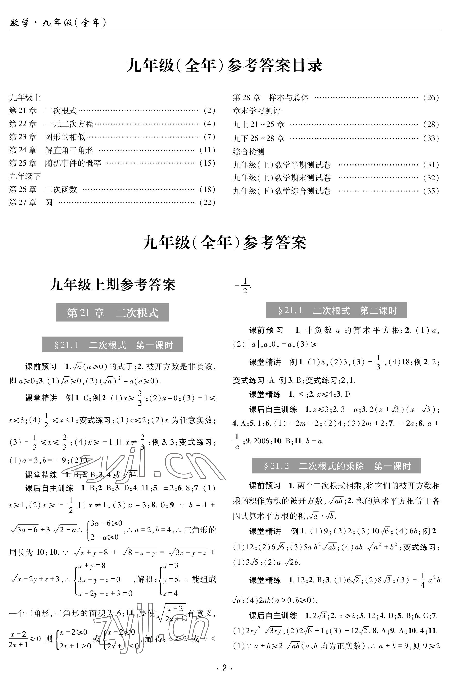 2023年理科爱好者九年级数学全一册华师大版 参考答案第1页