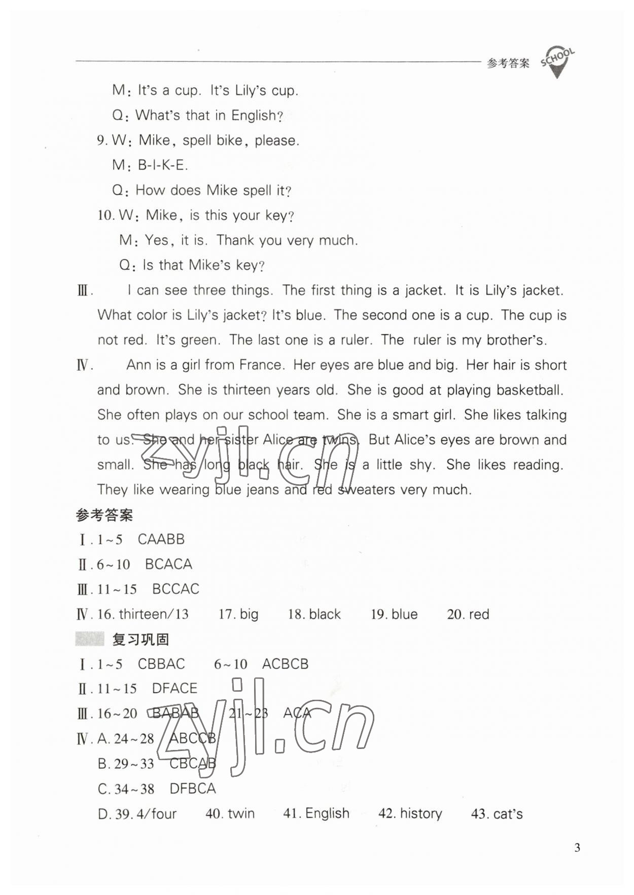 2023年新课程问题解决导学方案七年级英语上册人教版 参考答案第3页