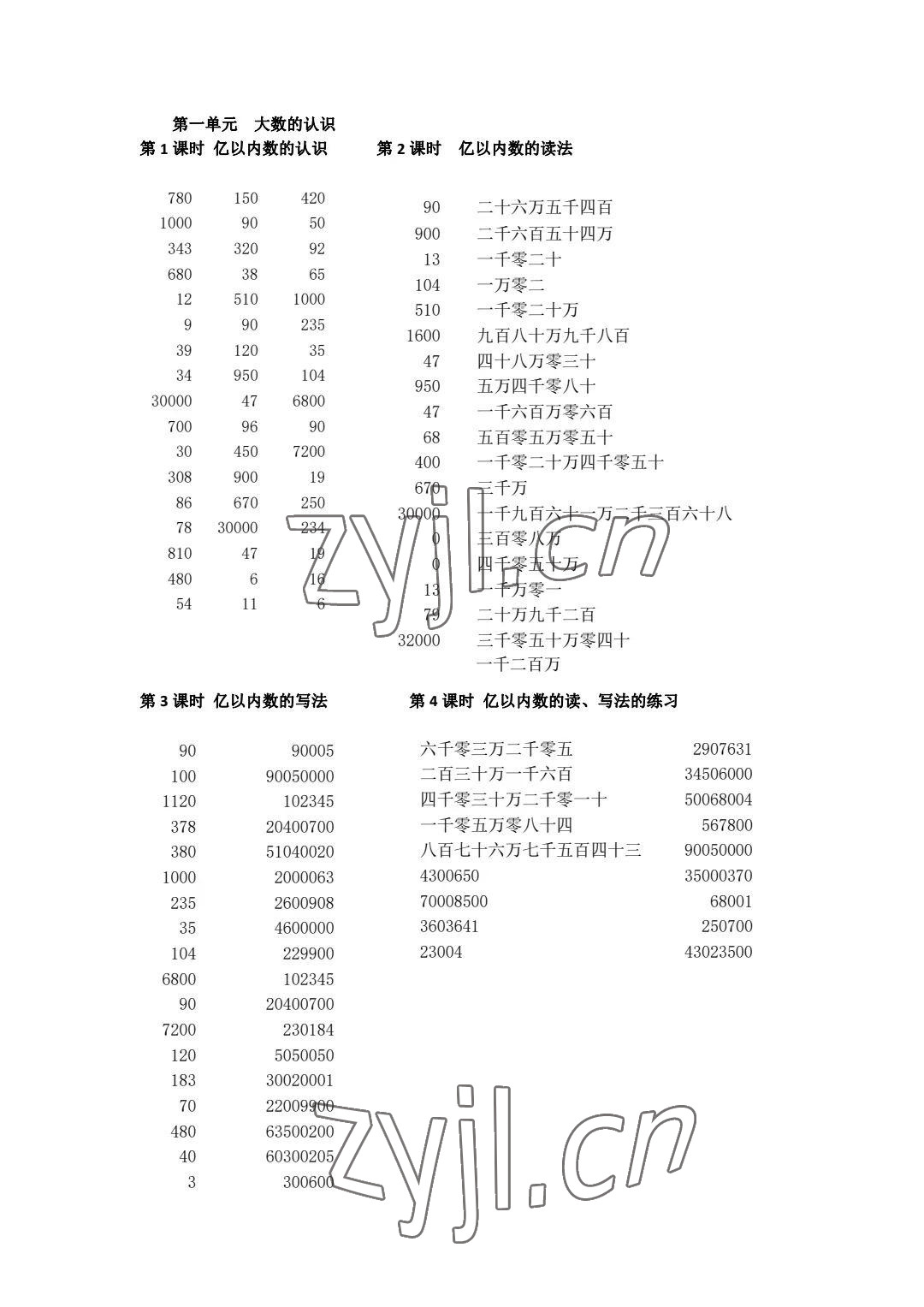 2023年小学数学口算速算心算四年级上册人教版 参考答案第1页