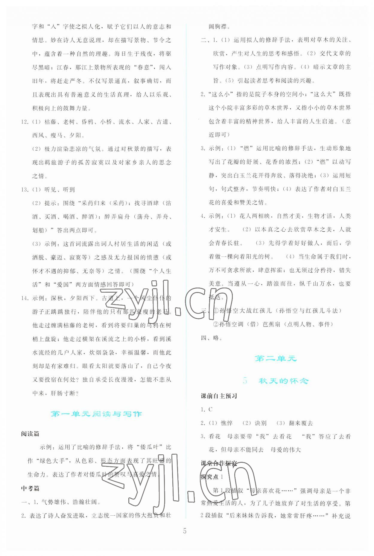 2023年同步轻松练习七年级语文上册人教版 参考答案第4页