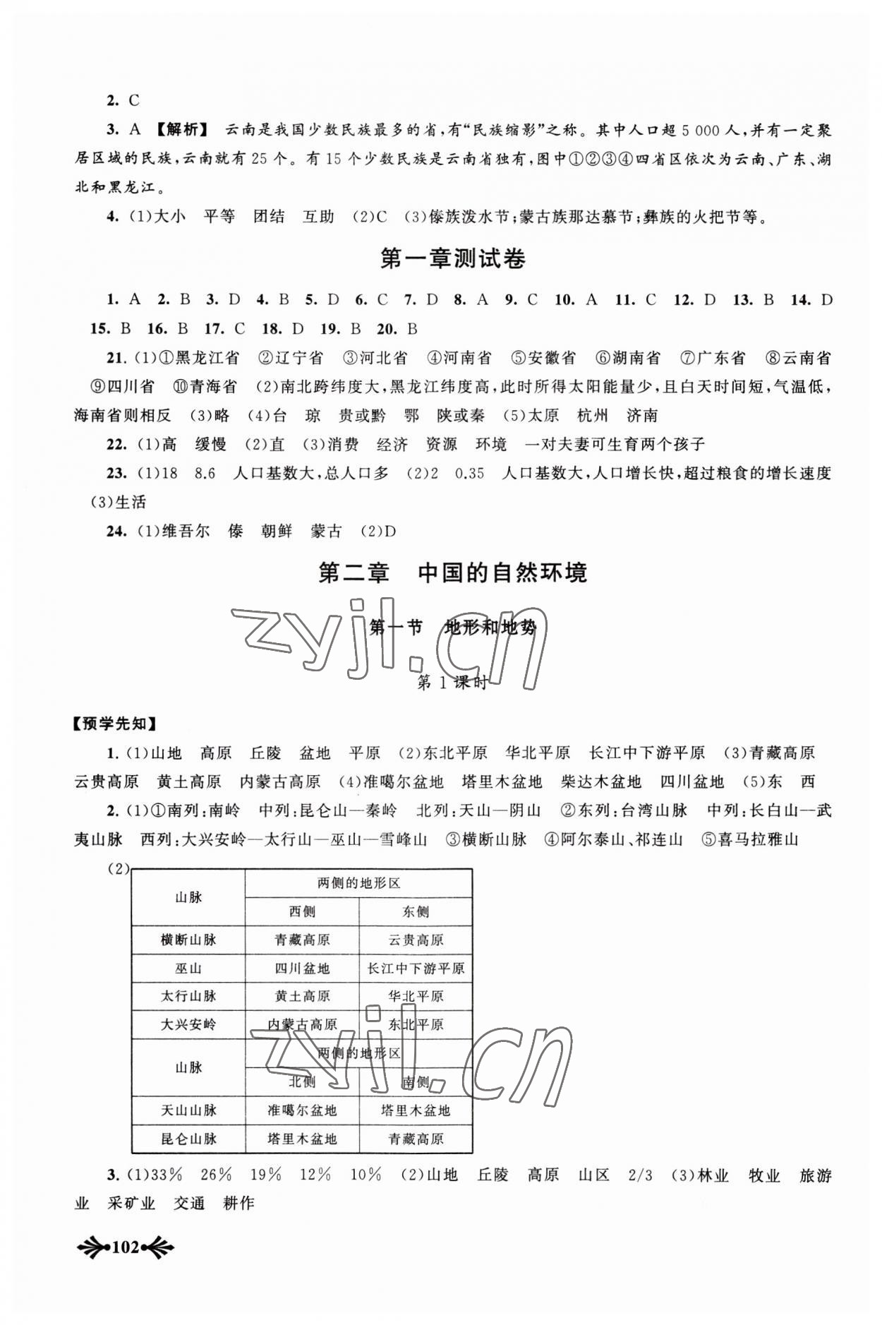 2023年自主學(xué)習當堂反饋八年級地理上冊人教版 參考答案第5頁