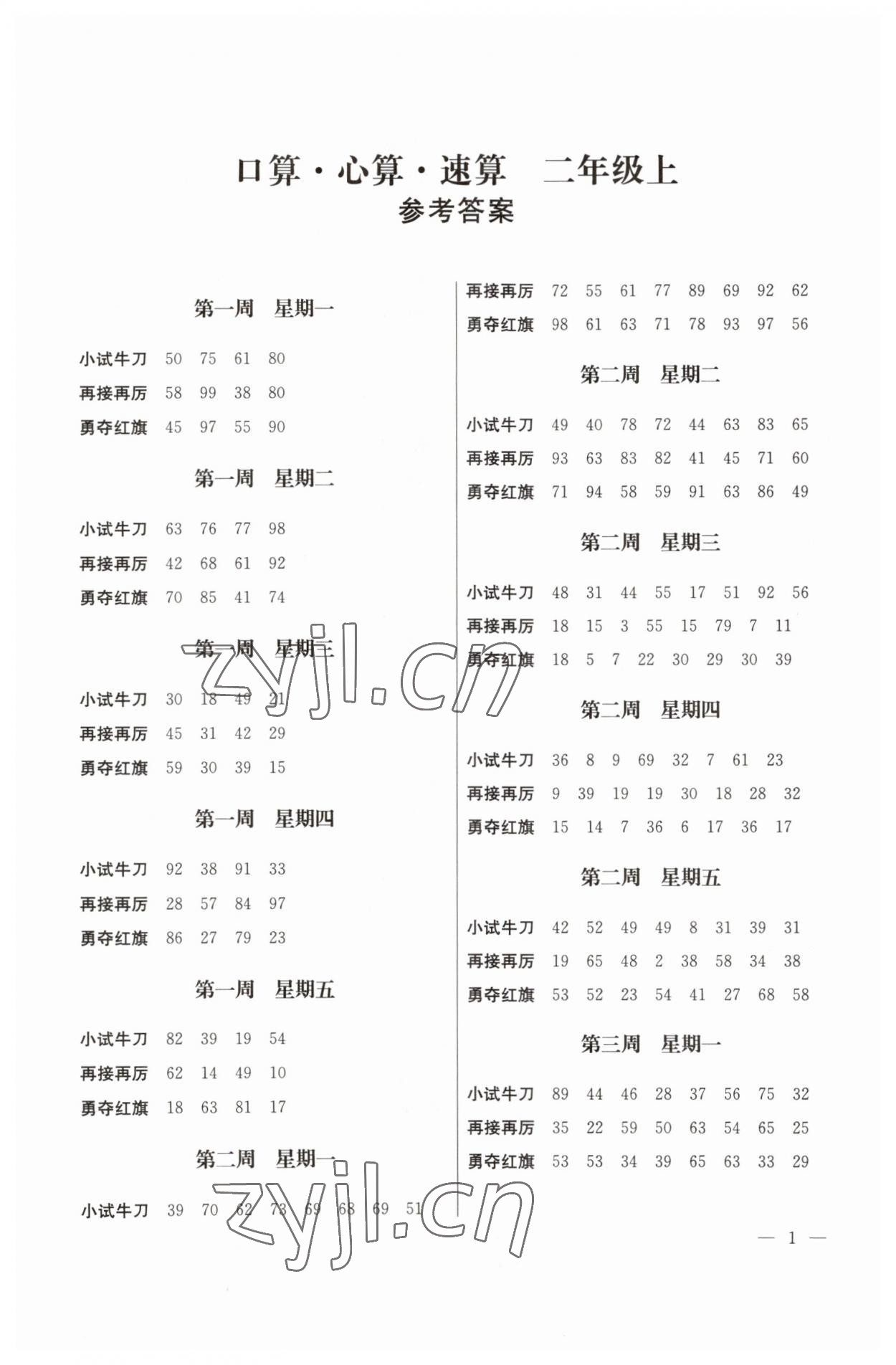 2023年口算心算速算江蘇鳳凰美術出版社二年級數學上冊蘇教版 第1頁