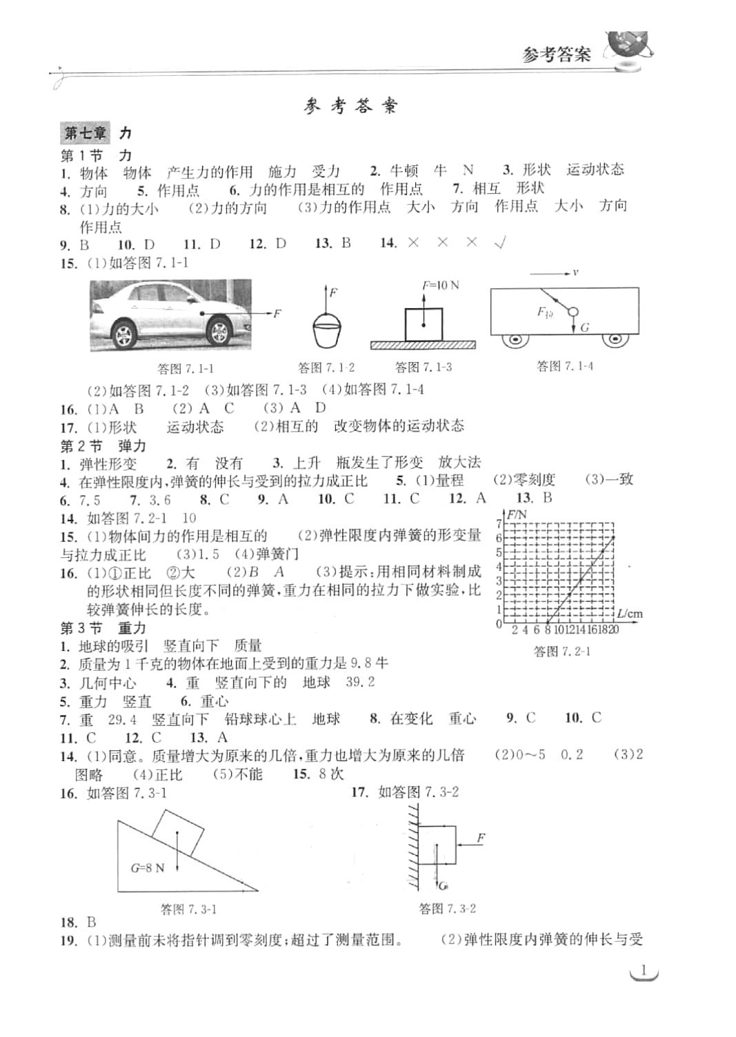 2016年长江作业本同步练习册八年级物理下册人教版 参考答案第1页