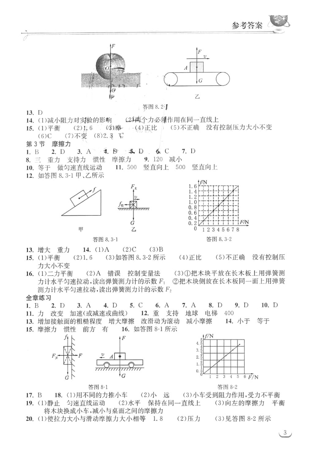 2016年长江作业本同步练习册八年级物理下册人教版 参考答案第3页