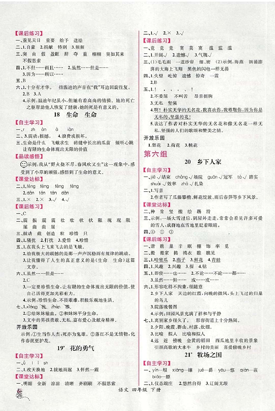 2018年同步導學案課時練四年級語文下冊人教版河北專版 參考答案第6頁