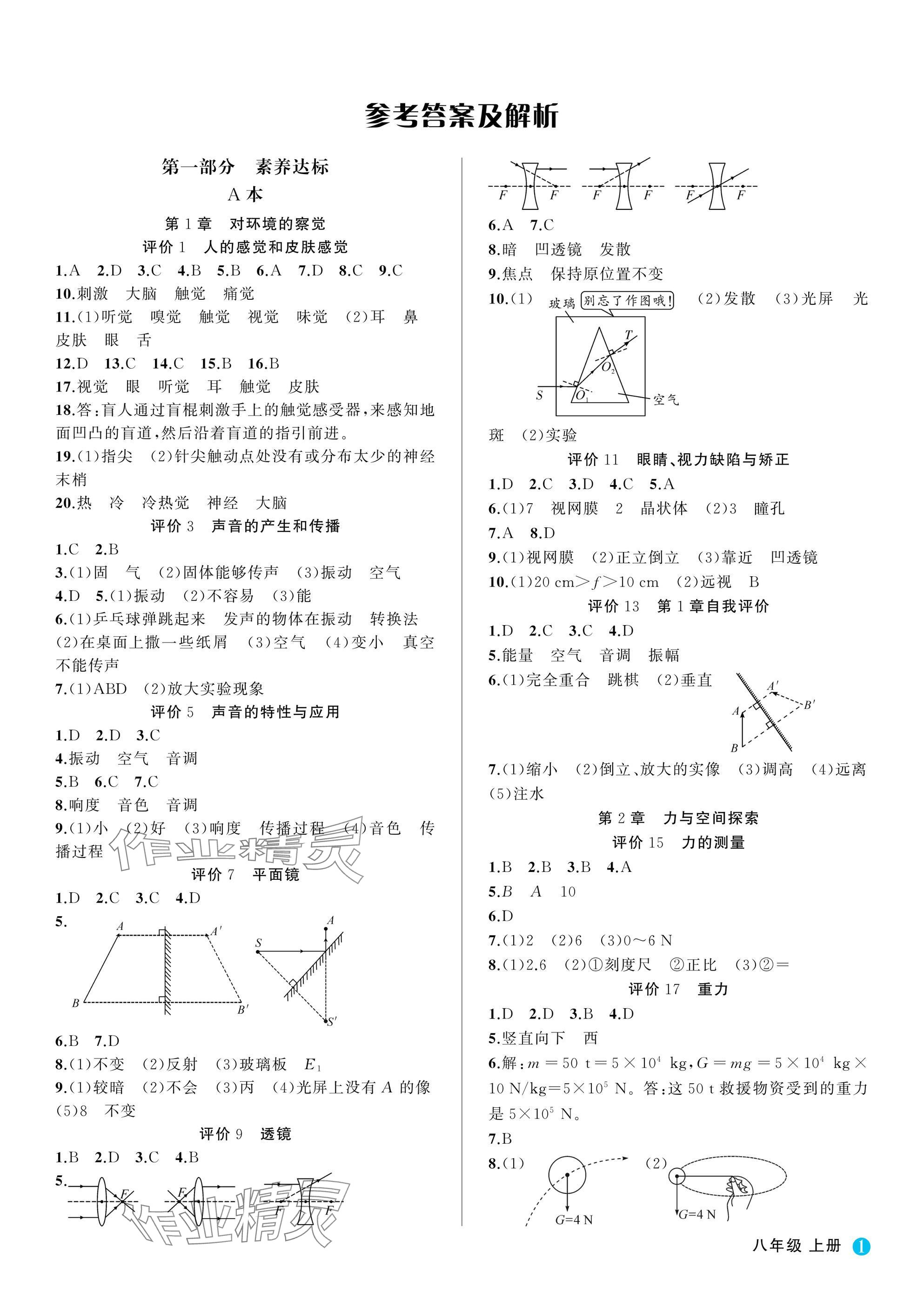 2025年名师面对面学科素养评价八年级科学上册浙教版 参考答案第1页