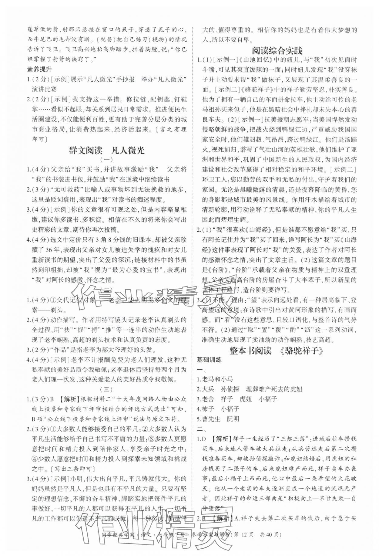 2025年同步經典學案七年級語文下冊人教版 參考答案第12頁