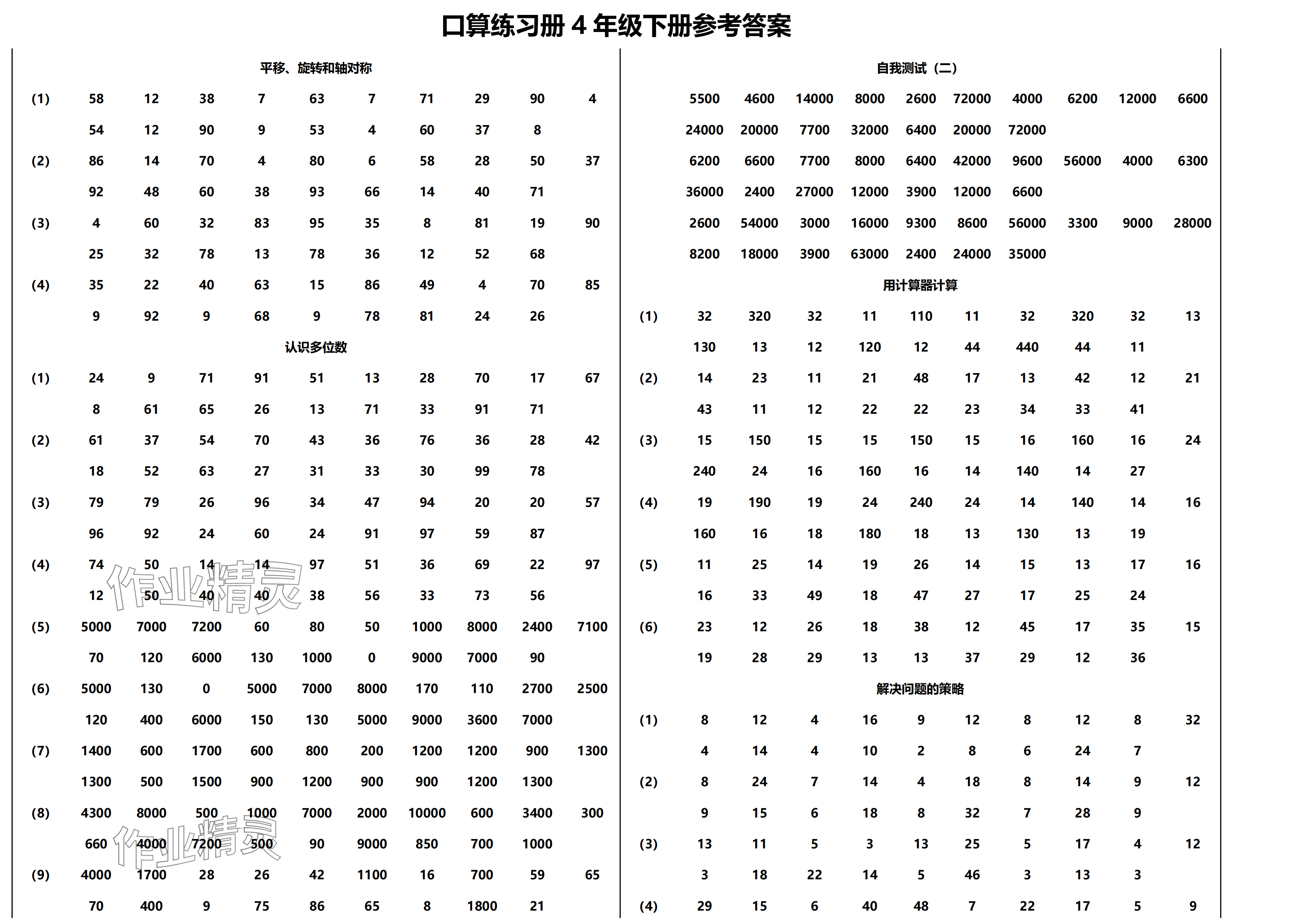 2024年口算练习册江苏凤凰教育出版社四年级数学下册苏教版 参考答案第1页