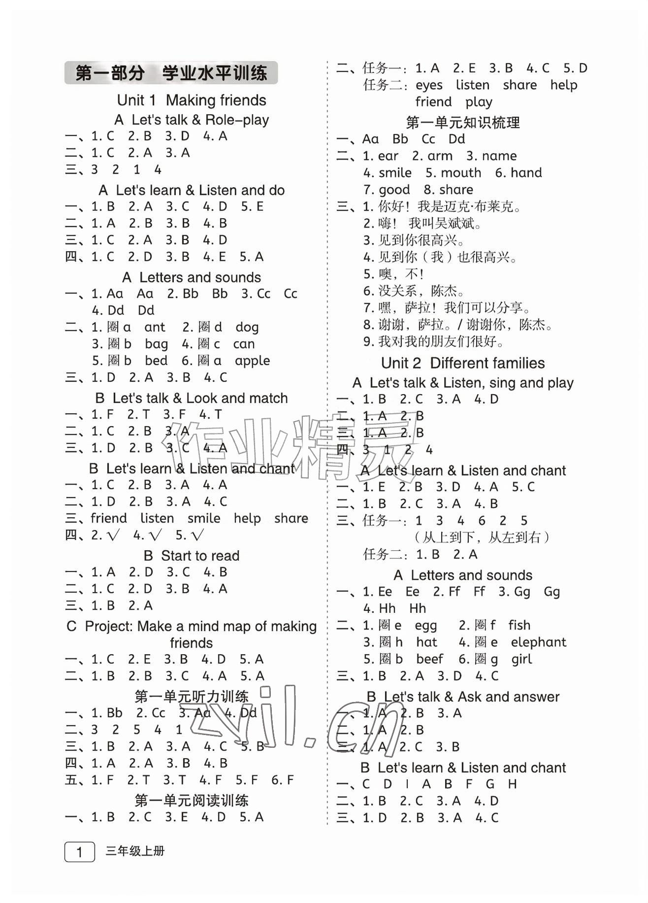 2026年名师面对面先学后练三年级英语上册人教版评议教辅&nbsp;参考答案第1页
