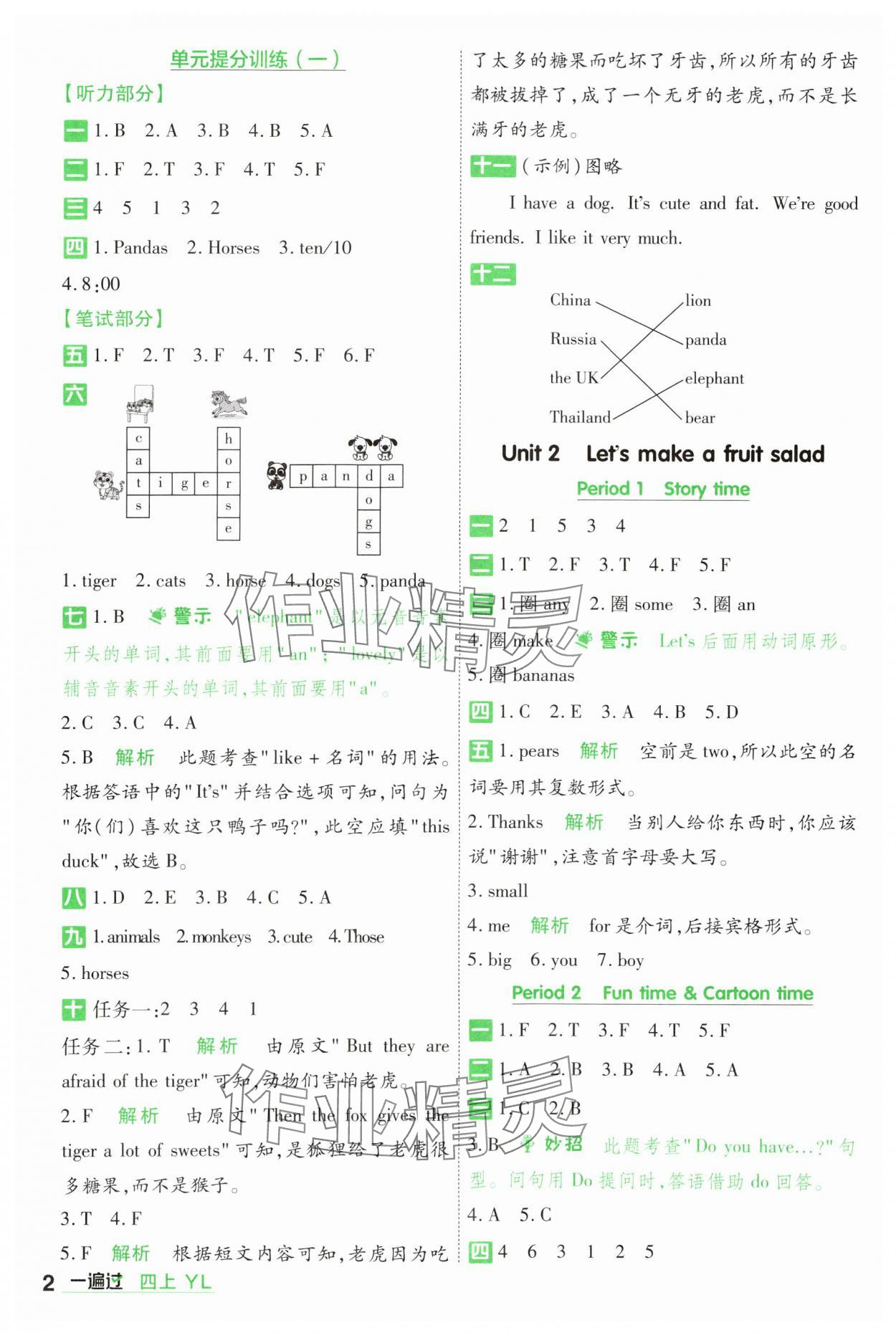 2024年一遍过四年级英语上册译林版 参考答案第2页