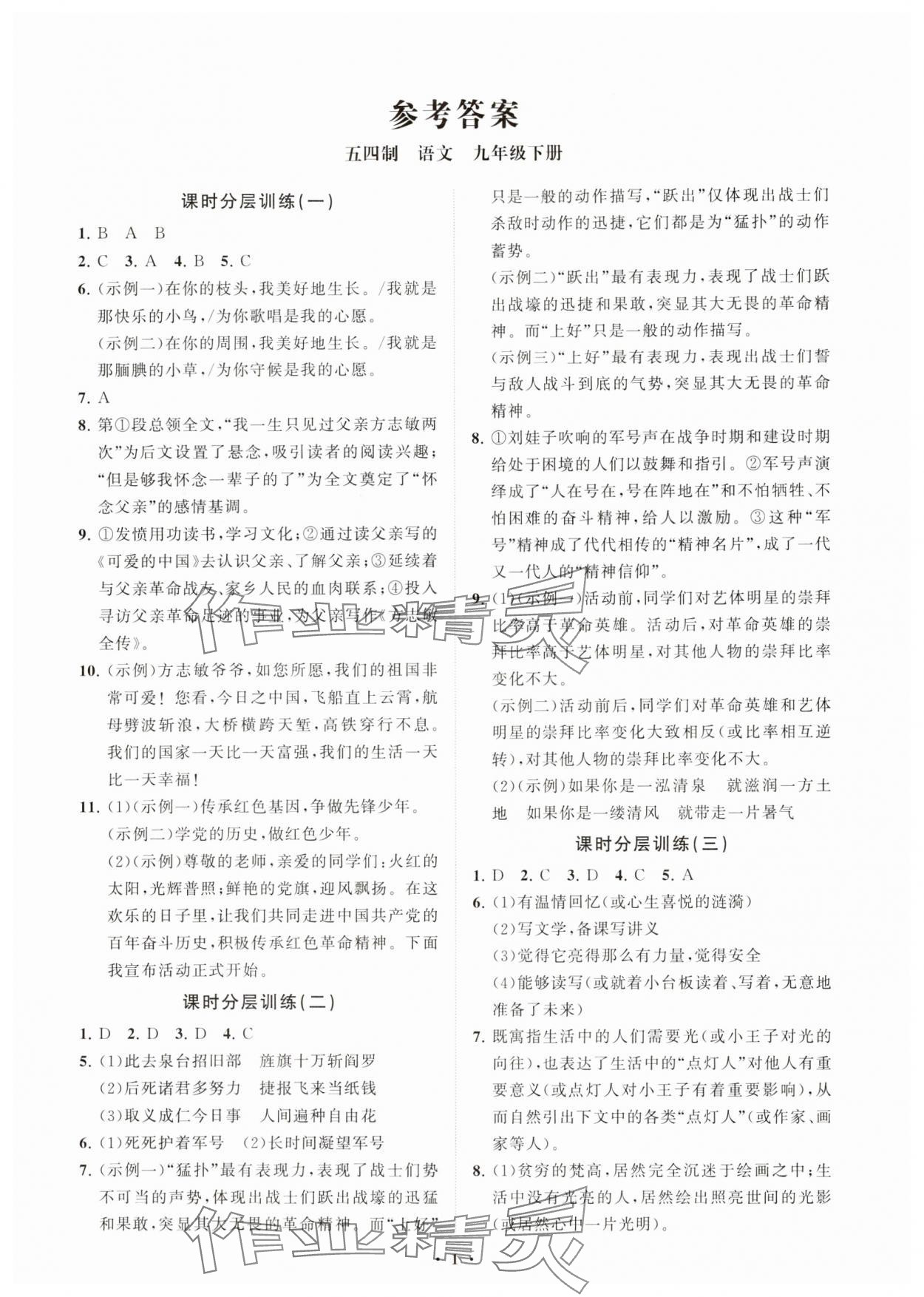 2024年同步练习册分层卷九年级语文下册人教版54制 参考答案第1页