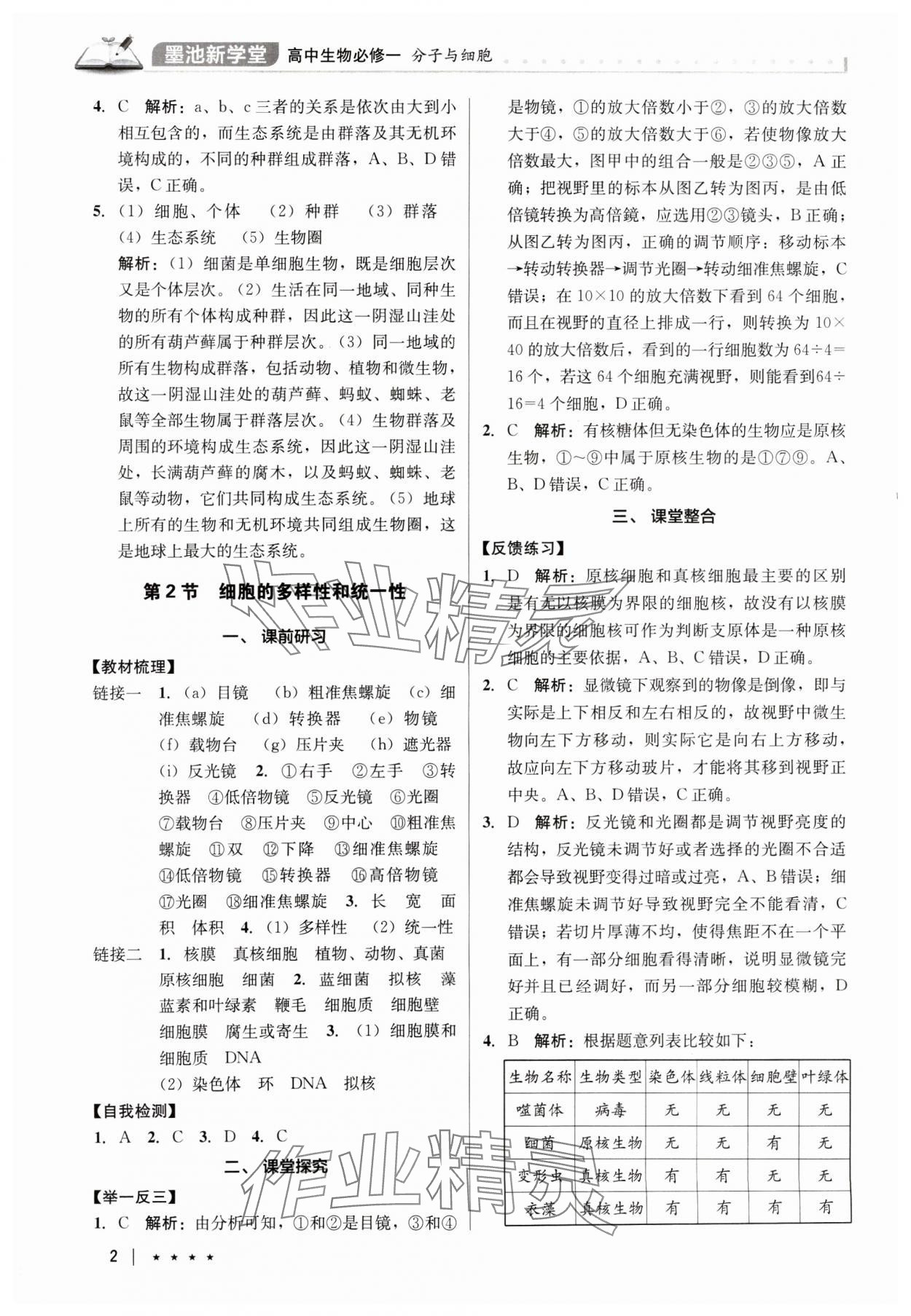 2024年墨池新學(xué)堂高中生物必修1人教版 參考答案第2頁