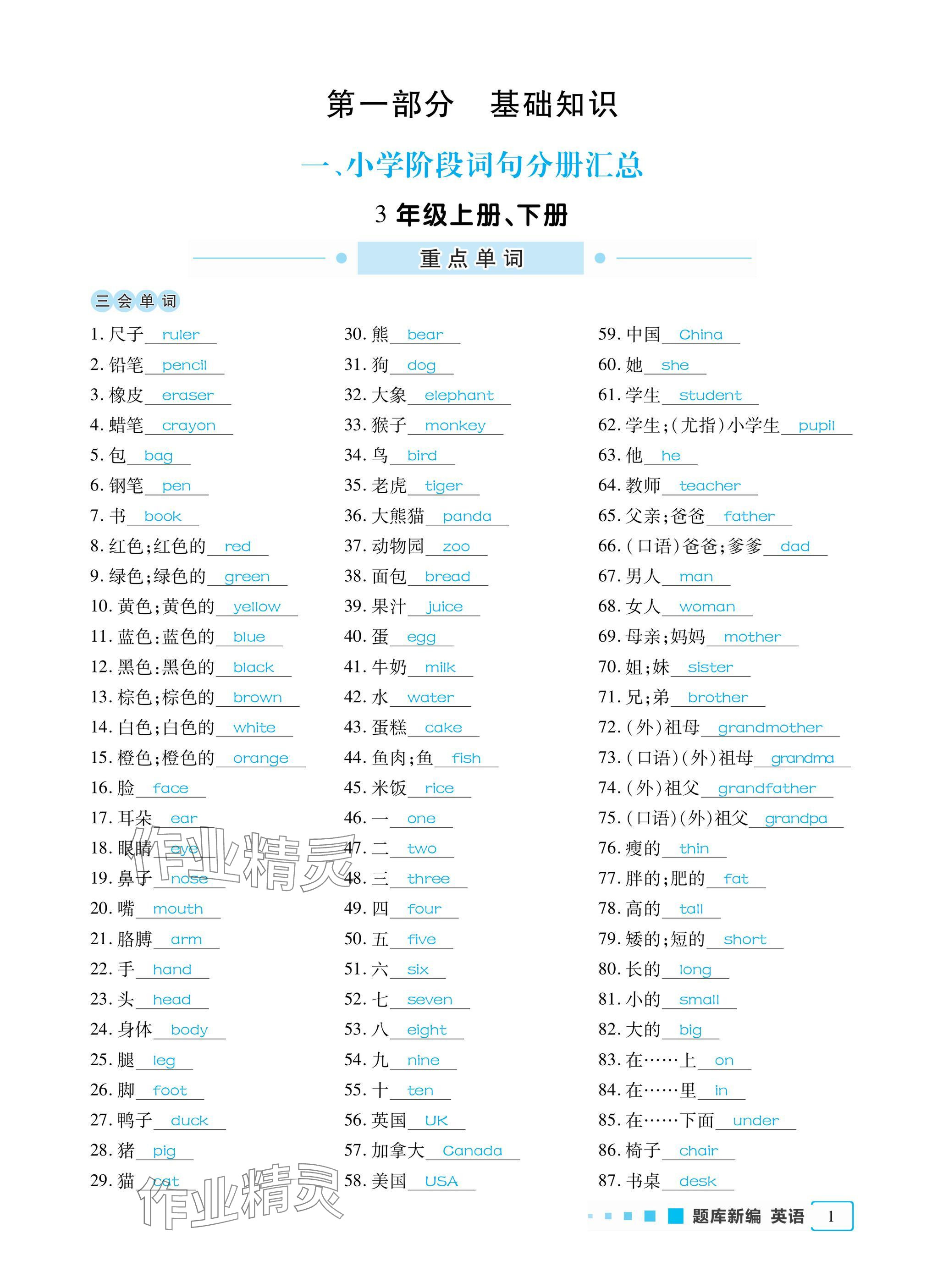 2025年小學題庫新編畢業總復習一本全英語 參考答案第1頁