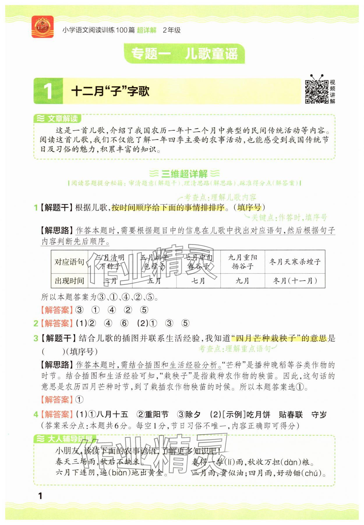 2025年王朝霞小学语文阅读训练100篇二年级 参考答案第1页