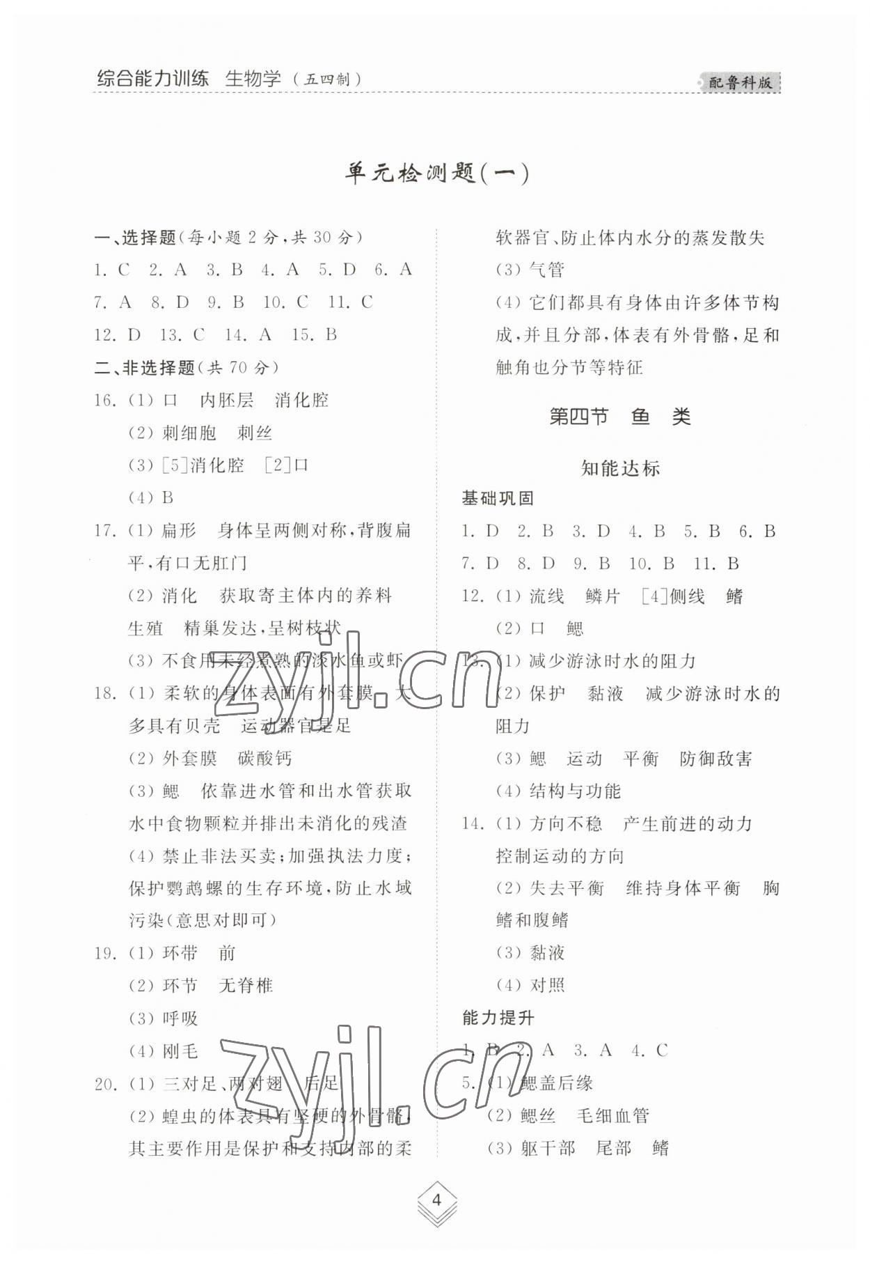 2023年綜合能力訓(xùn)練八年級生物上冊魯科版54制 參考答案第3頁