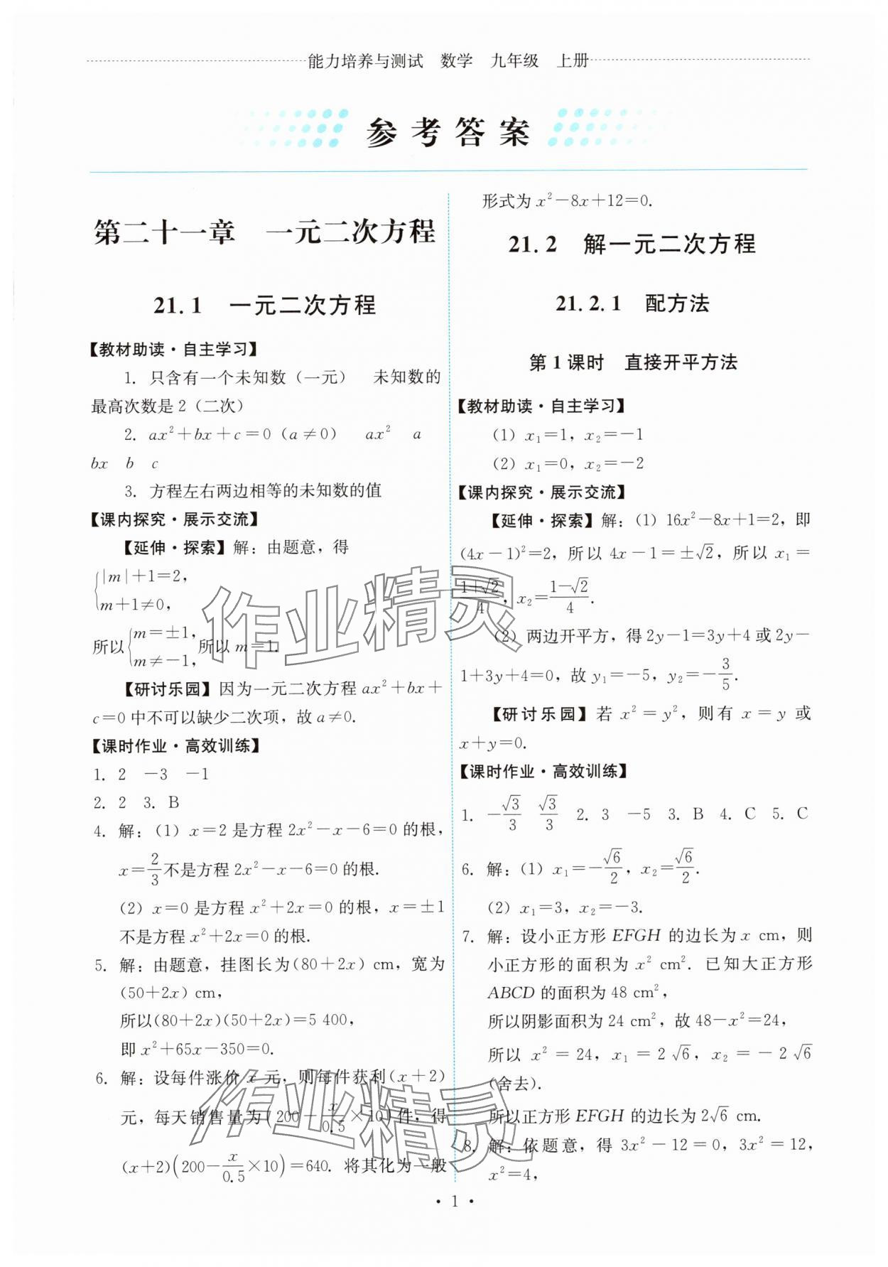 2025年能力培养与测试九年级数学上册人教版 第1页
