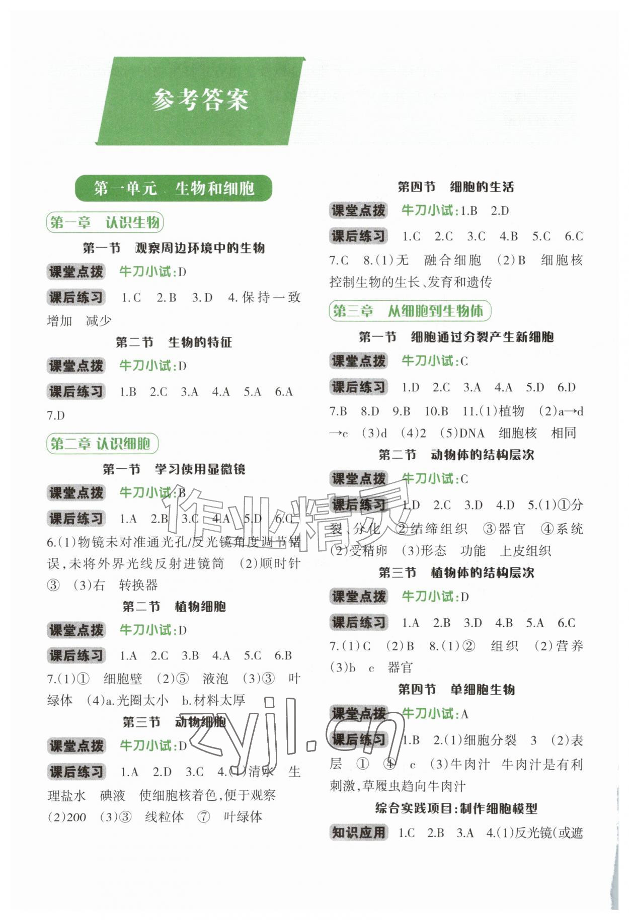 2026年学习指要七年级生物上册人教版&nbsp;参考答案第1页