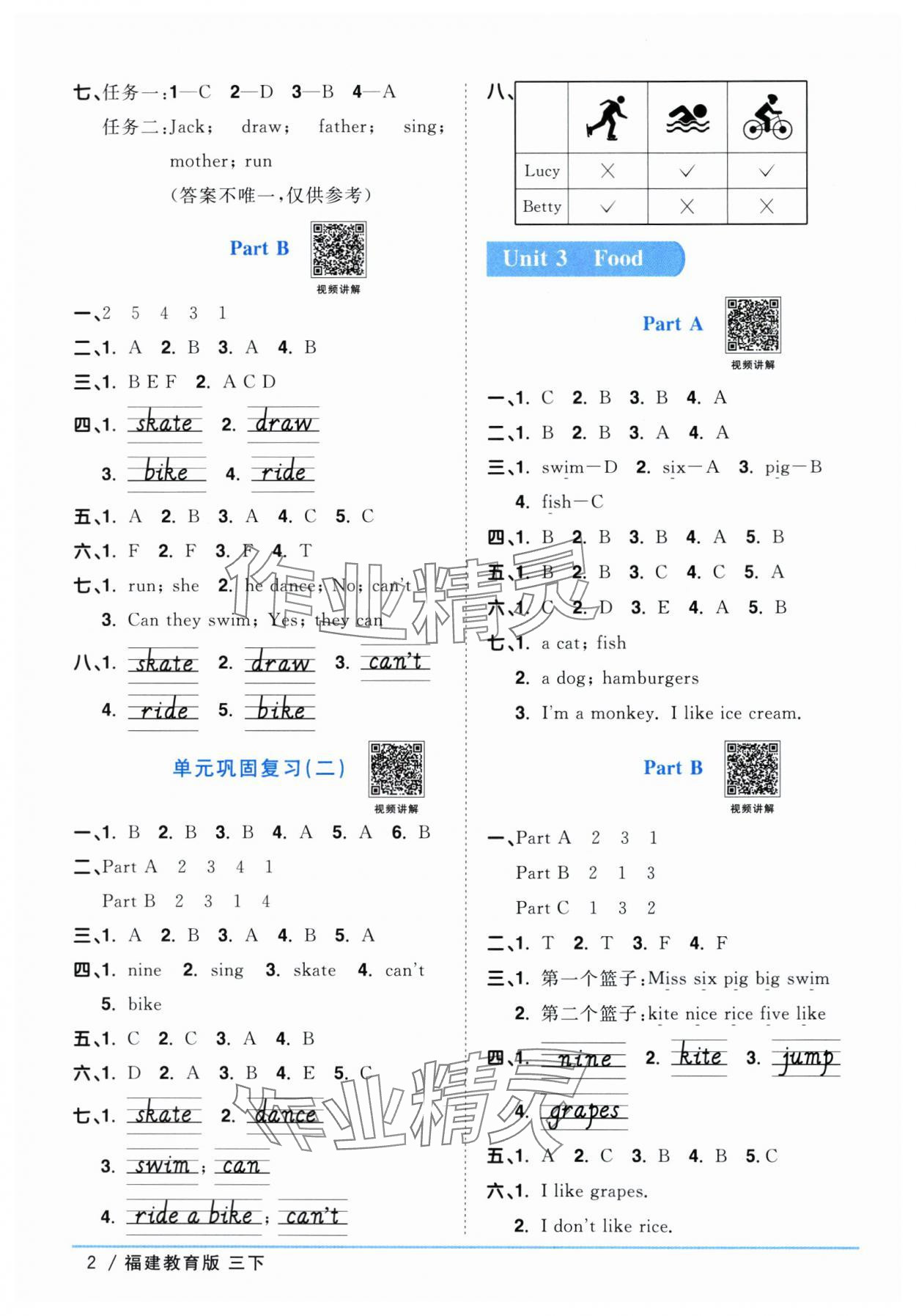 2024年阳光同学课时优化作业三年级英语下册闽教版福建专版 参考答案第2页