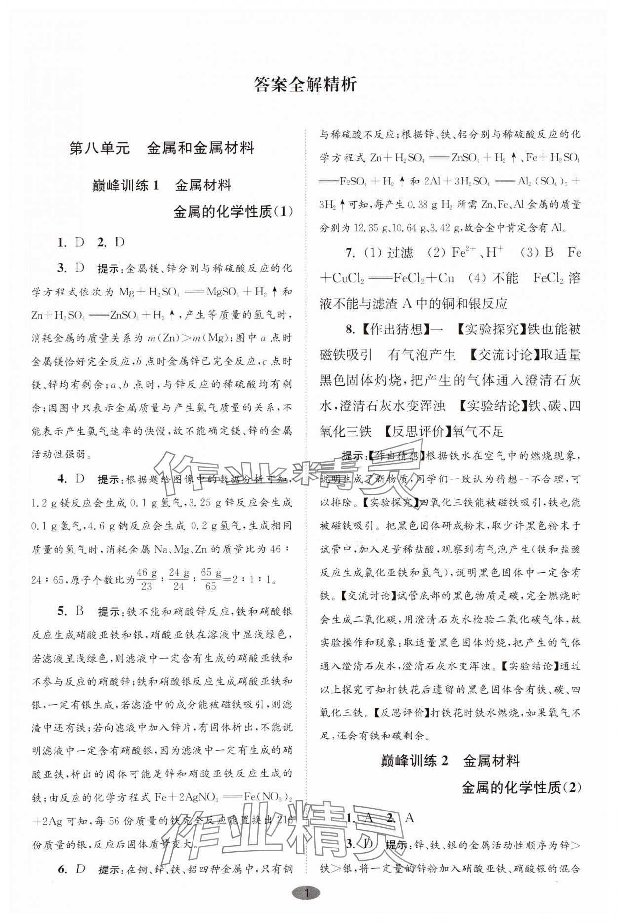 2025年初中化學(xué)小題狂做九年級(jí)下冊(cè)人教版巔峰版 參考答案第1頁(yè)