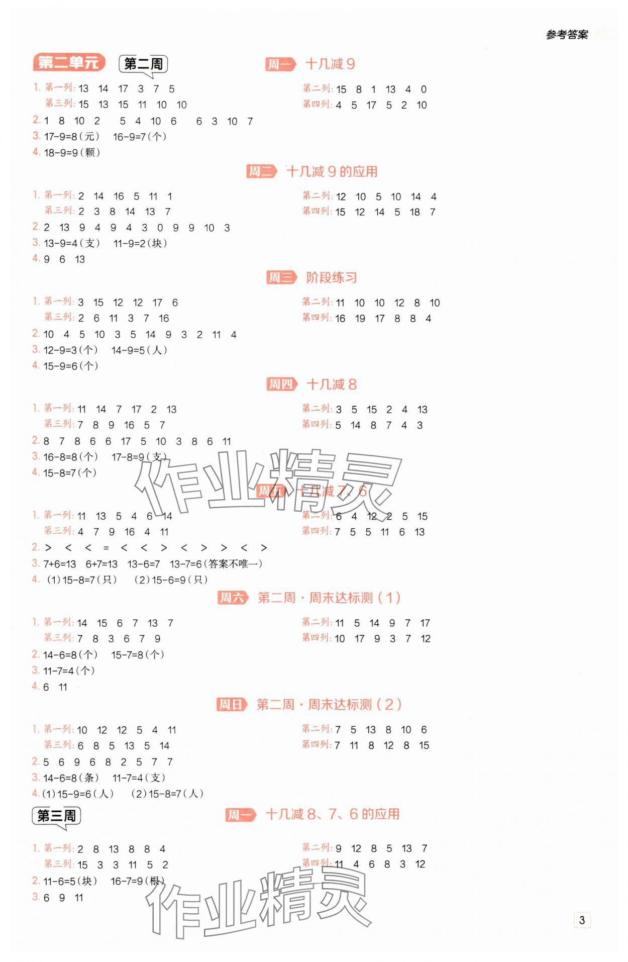 2025年星级口算天天练一年级数学下册人教版 参考答案第2页