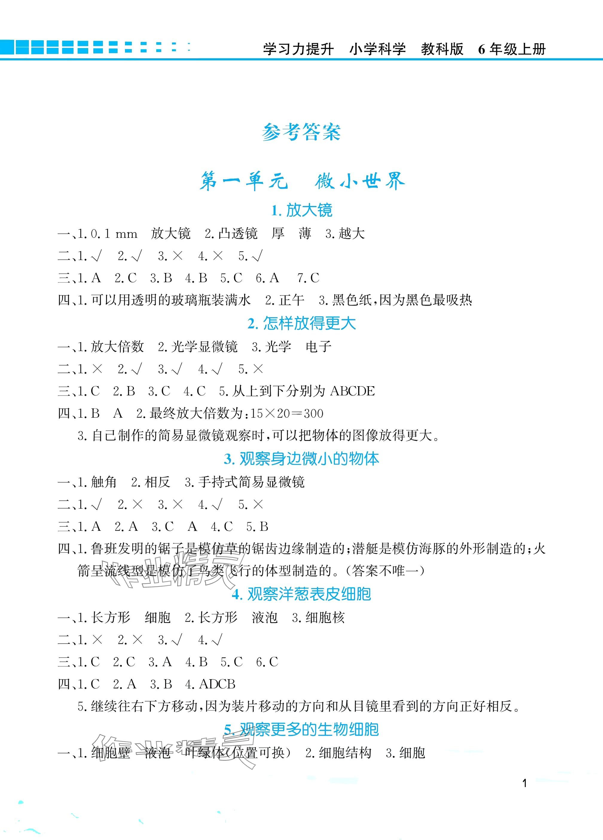 2025年学习力提升六年级科学上册教科版 参考答案第1页