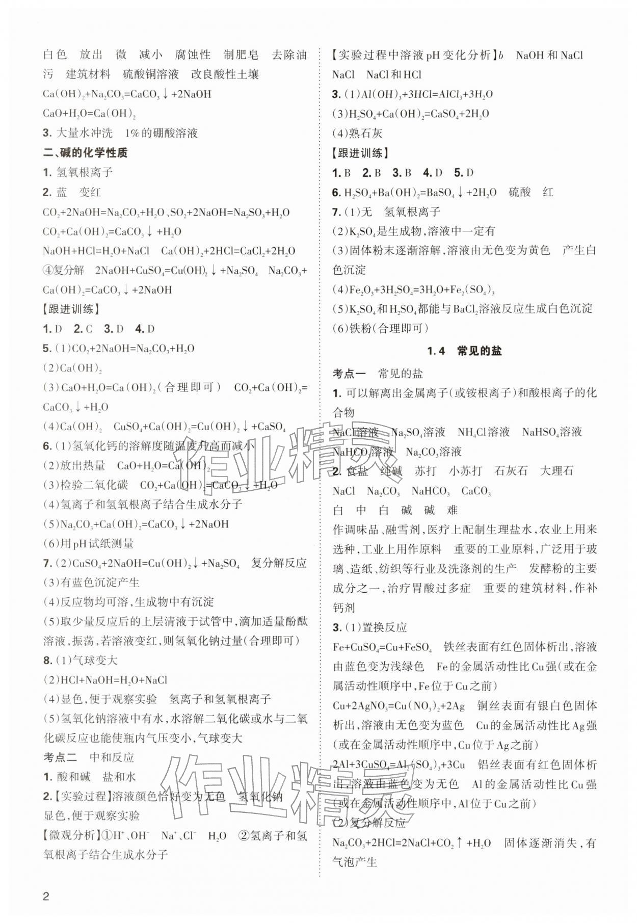 2026年中考复习指导与优化训练化学&nbsp;参考答案第2页
