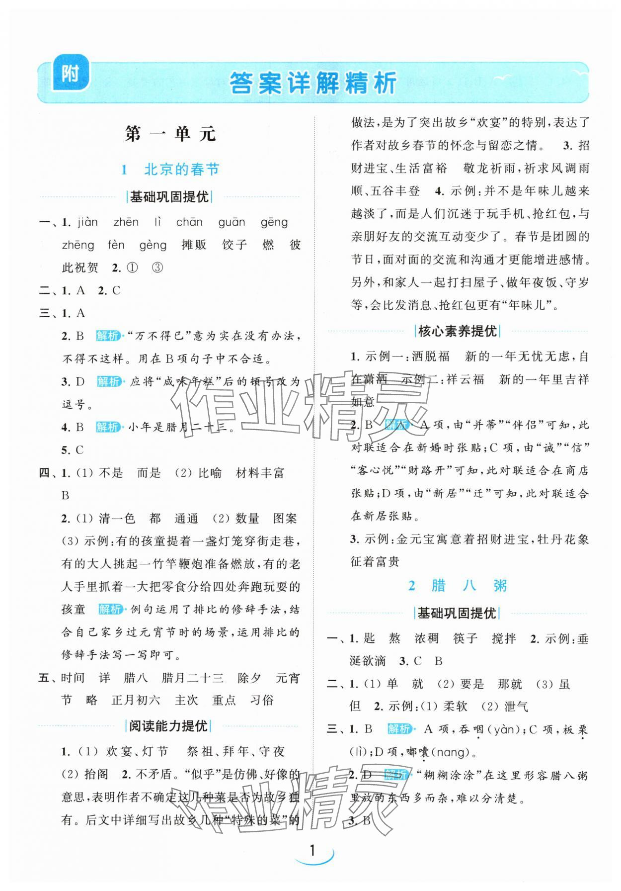 2024年亮點(diǎn)給力提優(yōu)班六年級語文下冊人教版 參考答案第1頁